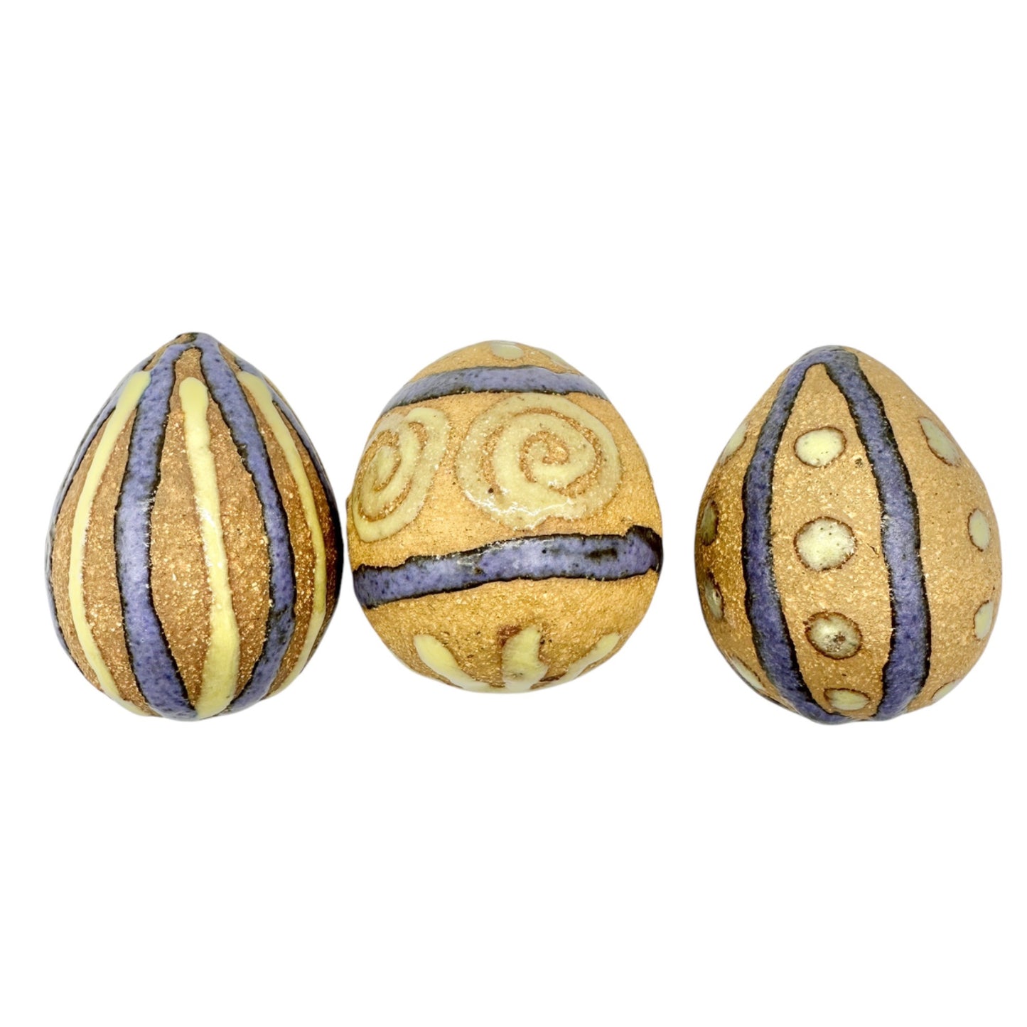 Handcrafted Clay Easter Eggs Set Of 3 Tan with Yellow and Purple Designs