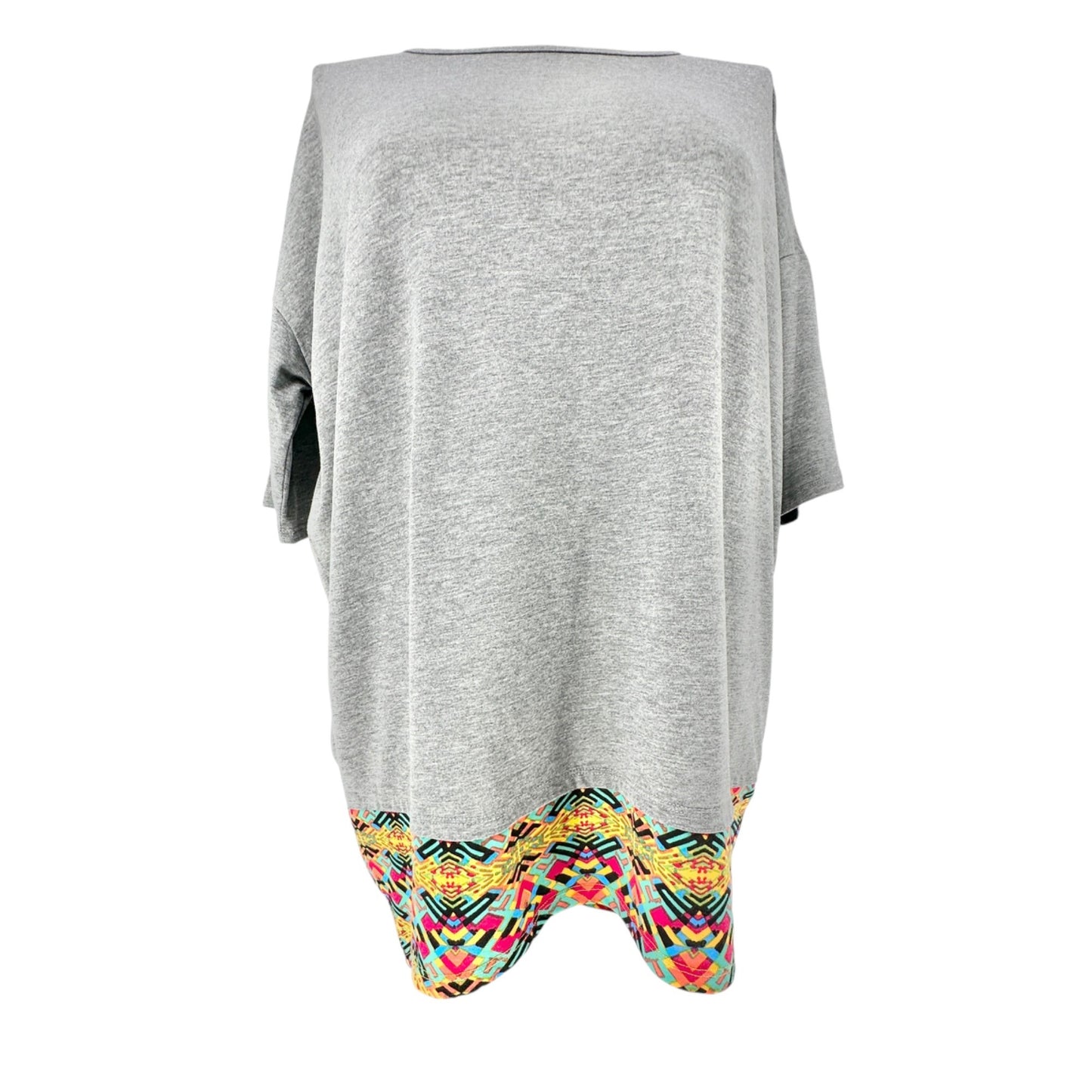 LuLaRoe Irma Tunic Top Womens Large Gray with Colorful Tribal Hi Lo Hem SS