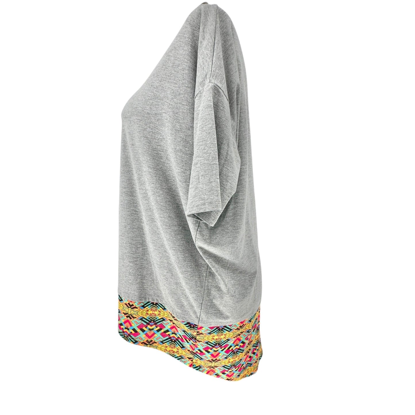 LuLaRoe Irma Tunic Top Womens Large Gray with Colorful Tribal Hi Lo Hem SS