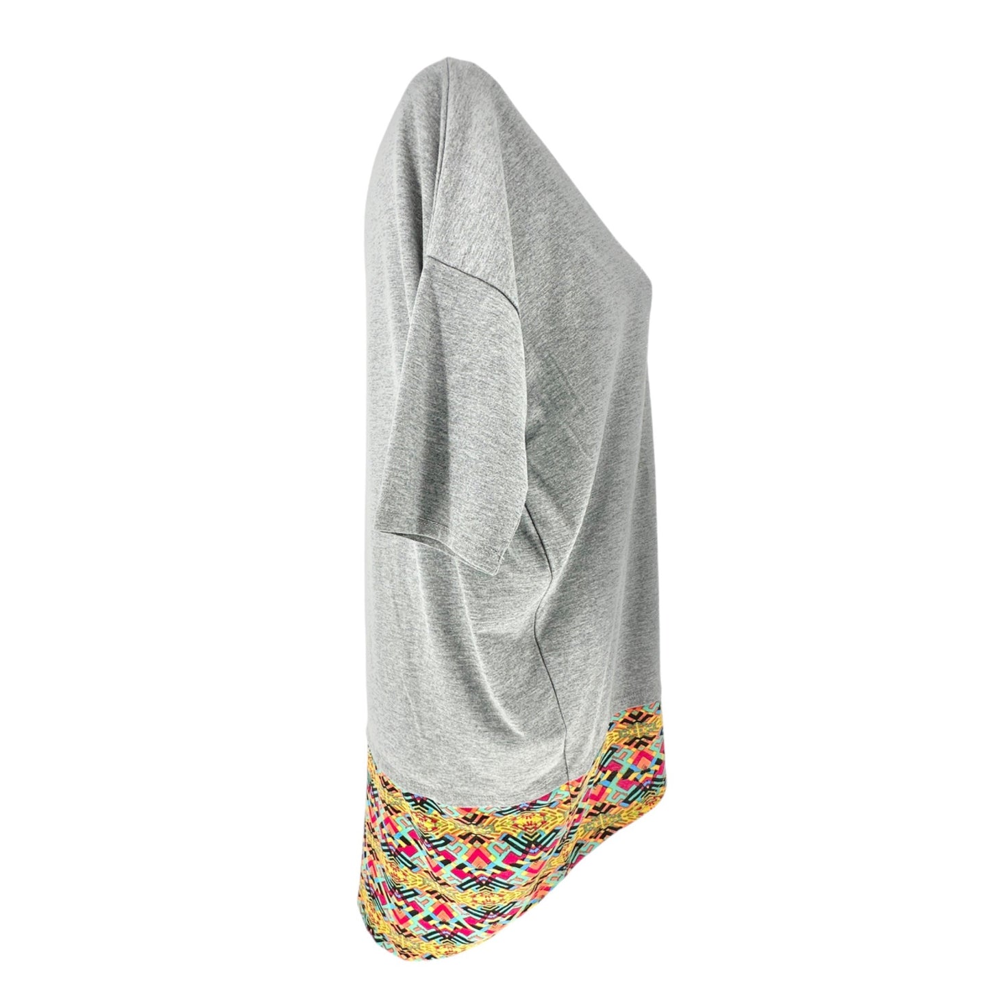 LuLaRoe Irma Tunic Top Womens Large Gray with Colorful Tribal Hi Lo Hem SS