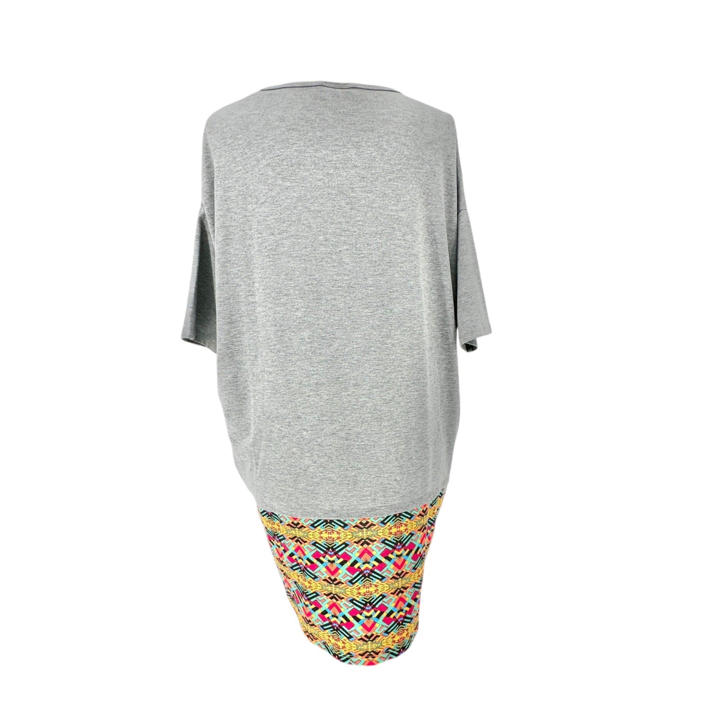 LuLaRoe Irma Tunic Top Womens Large Gray with Colorful Tribal Hi Lo Hem SS