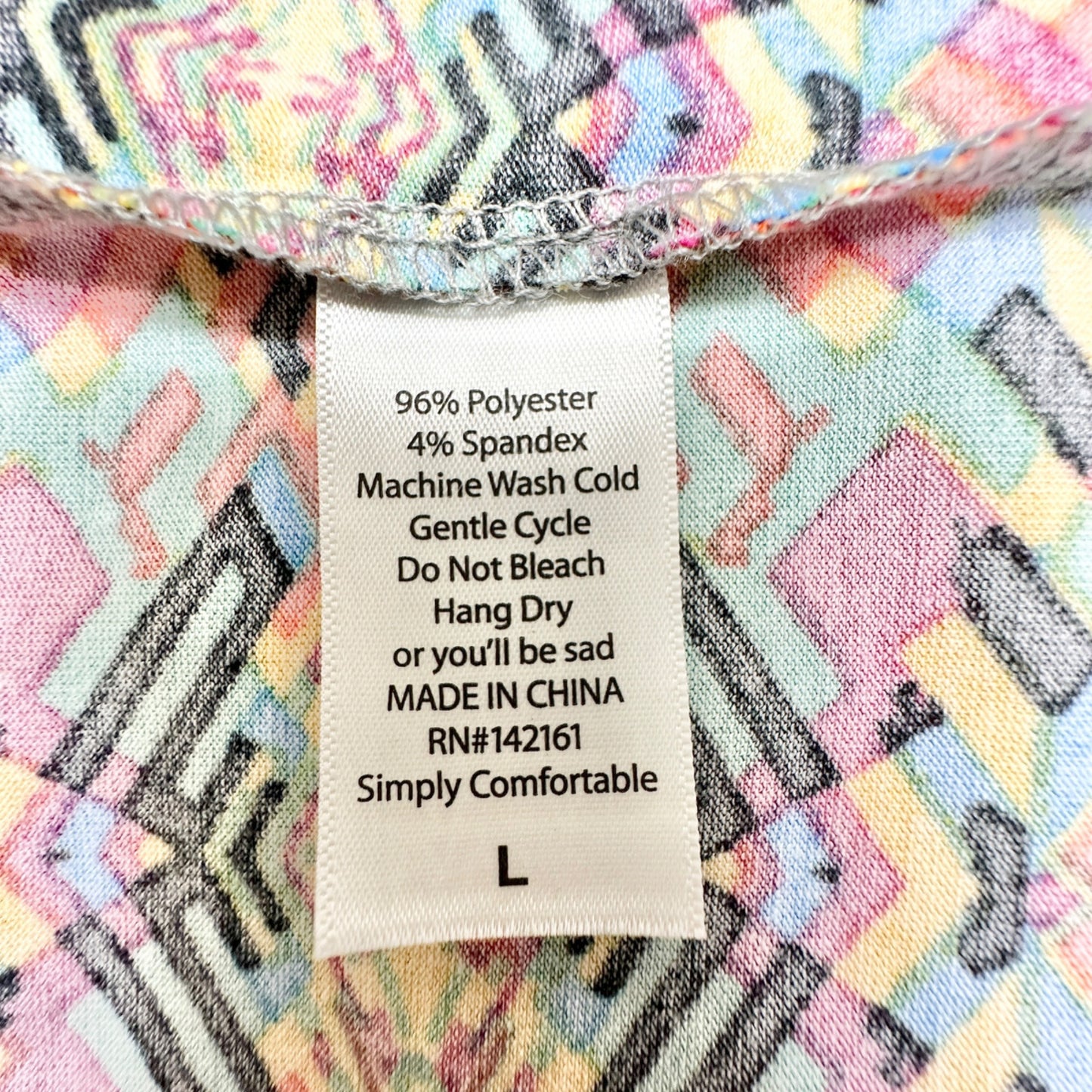 LuLaRoe Irma Tunic Top Womens Large Gray with Colorful Tribal Hi Lo Hem SS