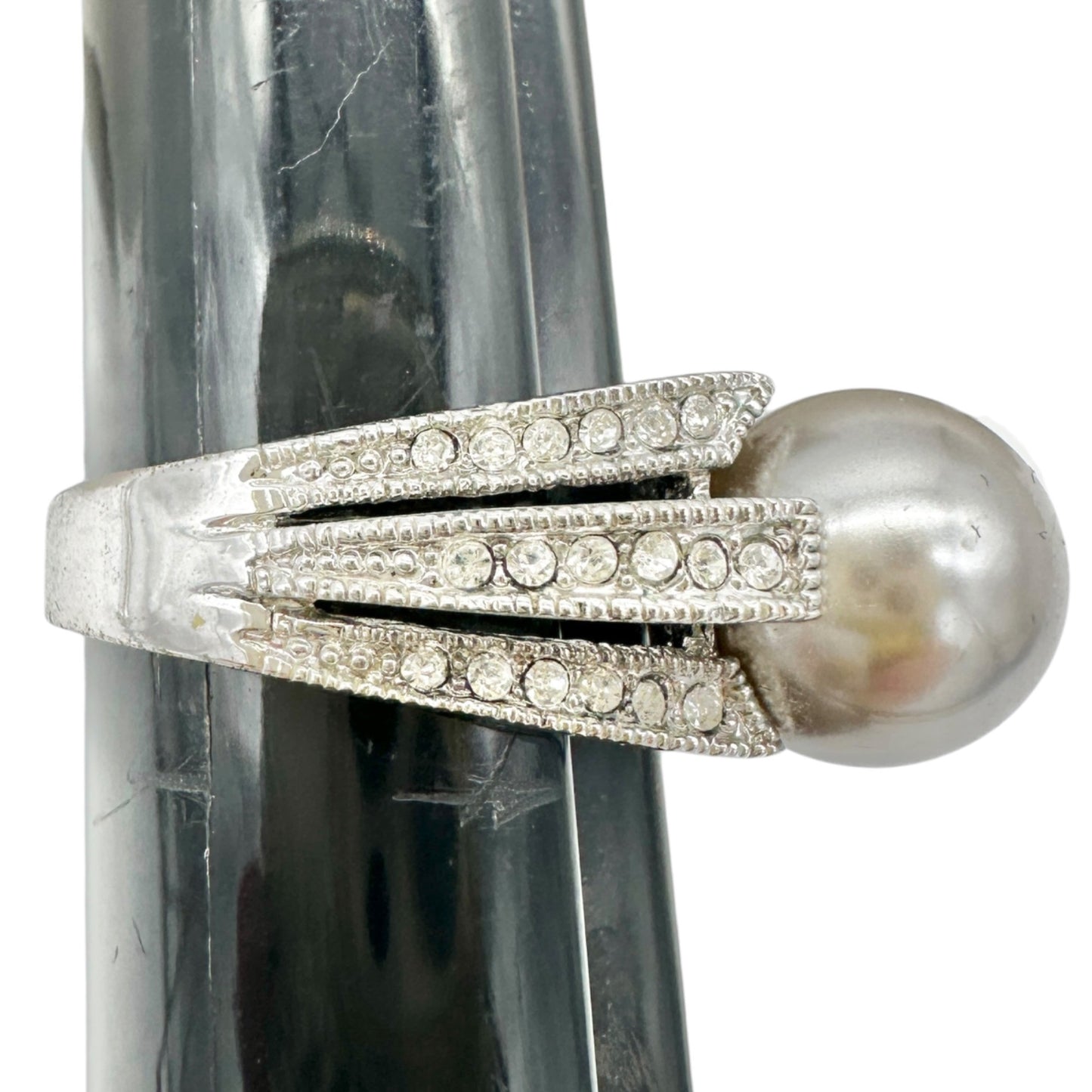 Premier Designs Silver Tone Ring Gray Faux Pearl and Rhinestone Accents Size 10