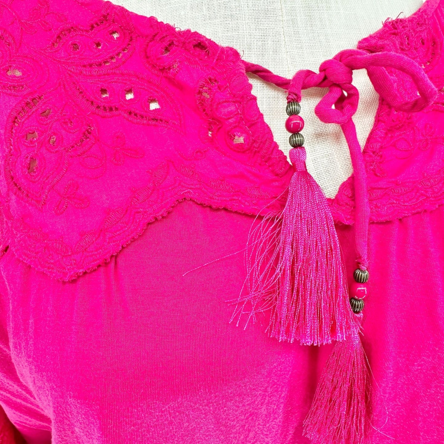 Lauren Ralph Lauren Boho Peasant Top Womens 2X Fuchsia Embroidered with Tassels