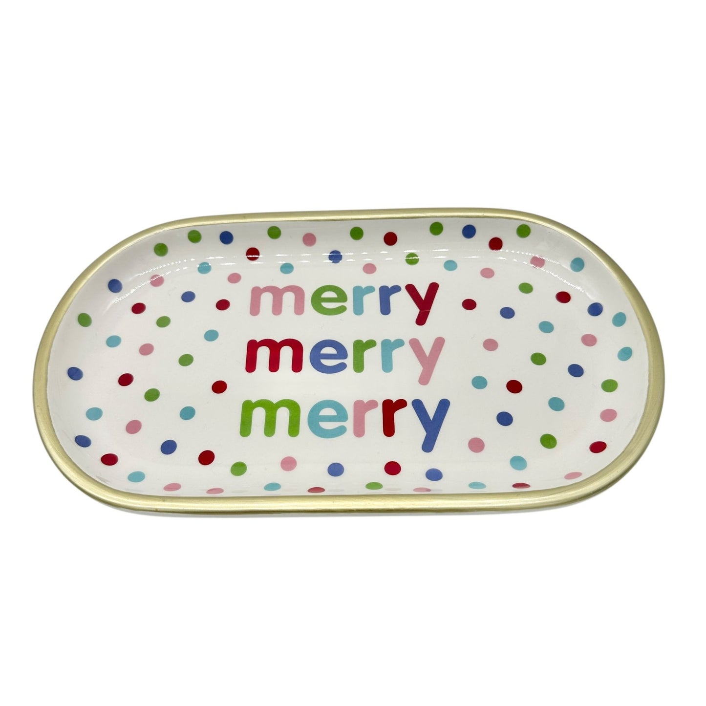 H For Happy Merry Merry Polka Dot Ceramic Serving Set 2 Plates 1 Tray 1 Canister