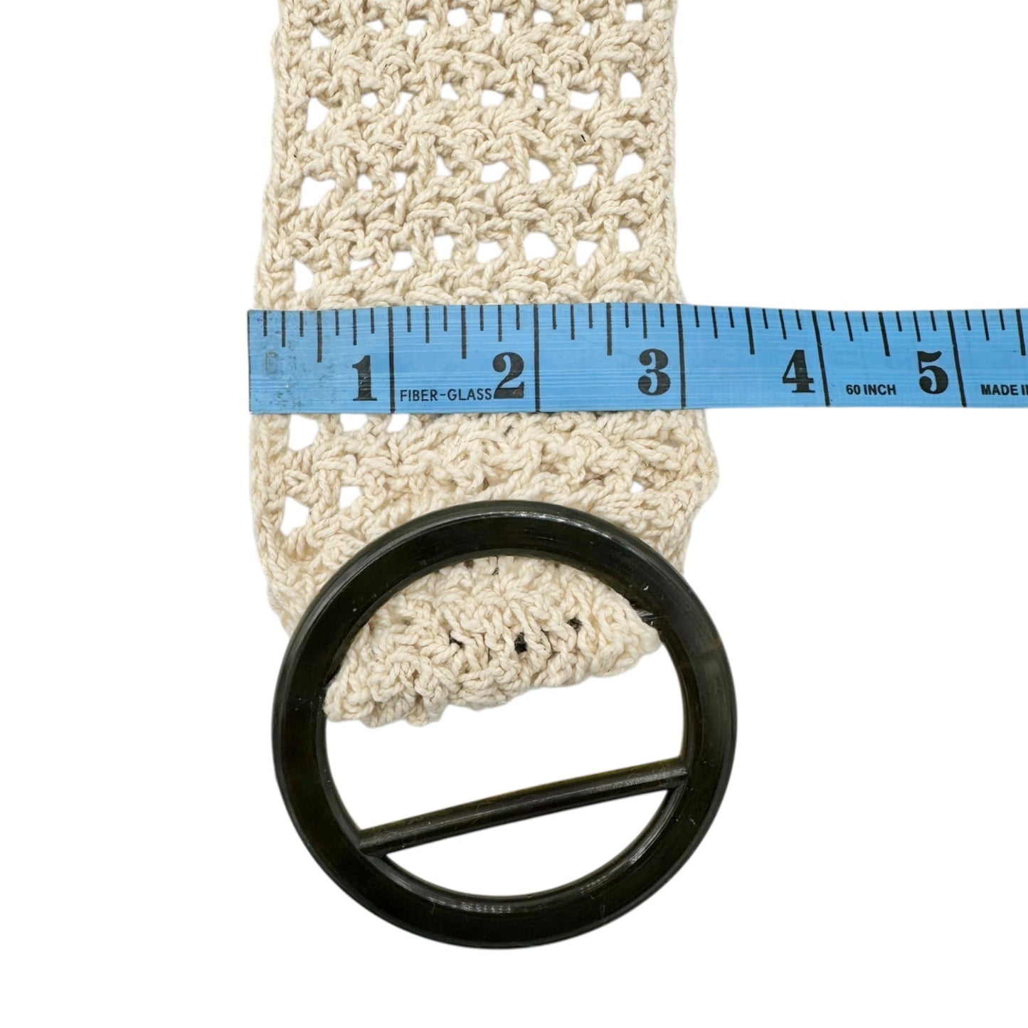 Beige Crochet Belt With Black Ring Buckle 40.5 inch Long Handmade Woven Design