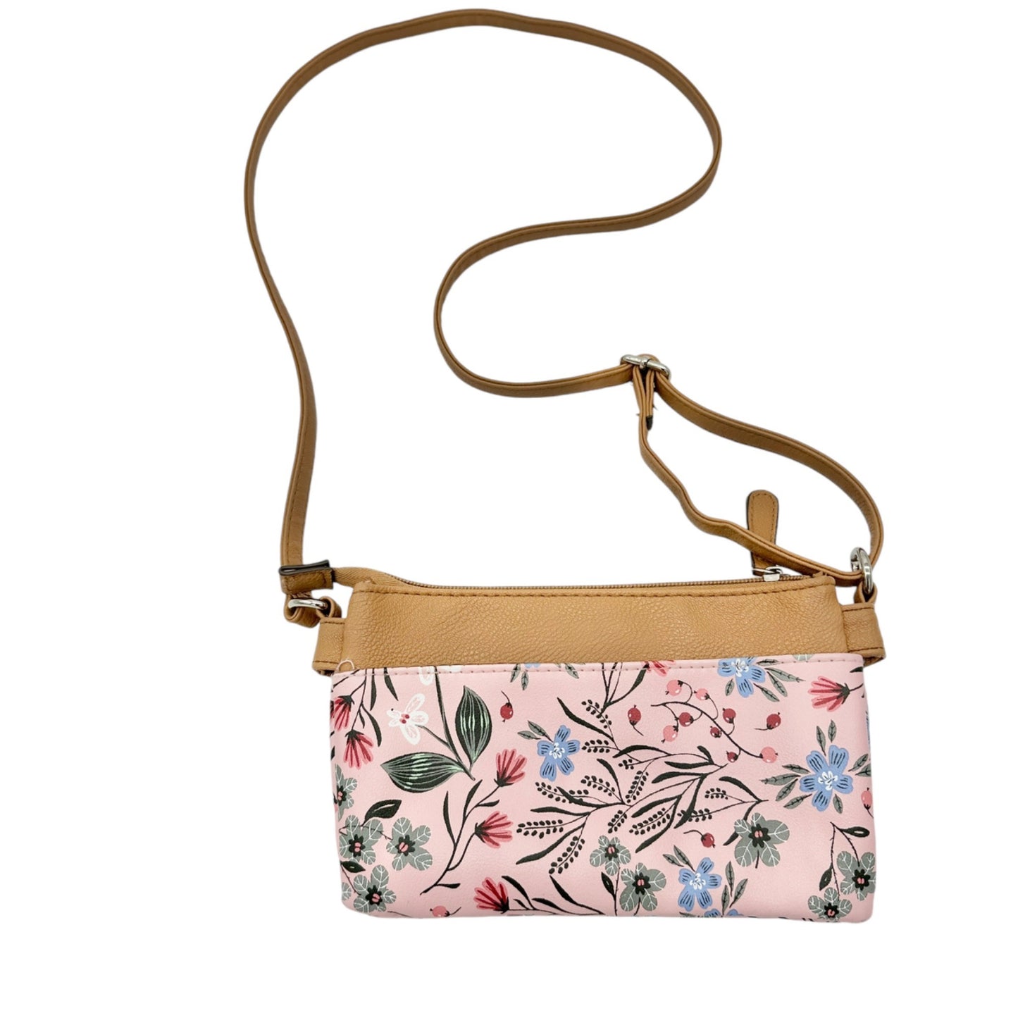 Womens Crossbody Handbag Purse Tan Pink Floral Adjustable Strap Multiple Pockets