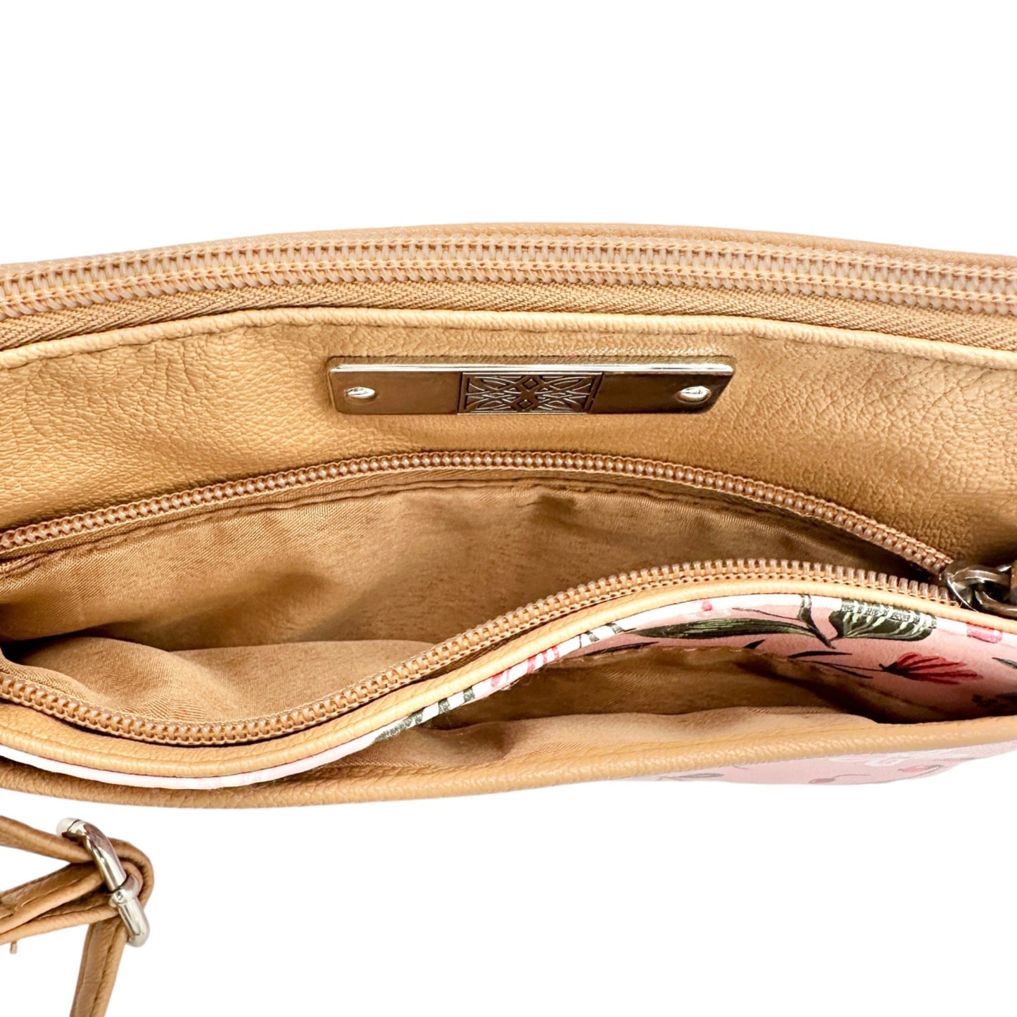 Womens Crossbody Handbag Purse Tan Pink Floral Adjustable Strap Multiple Pockets