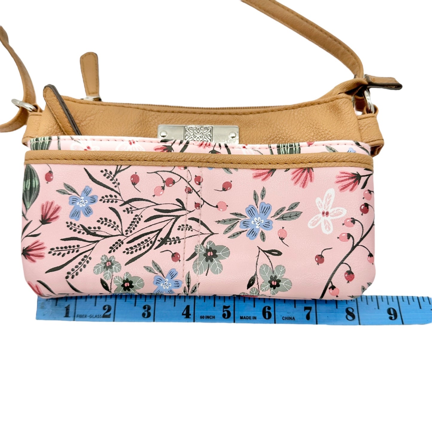 Womens Crossbody Handbag Purse Tan Pink Floral Adjustable Strap Multiple Pockets