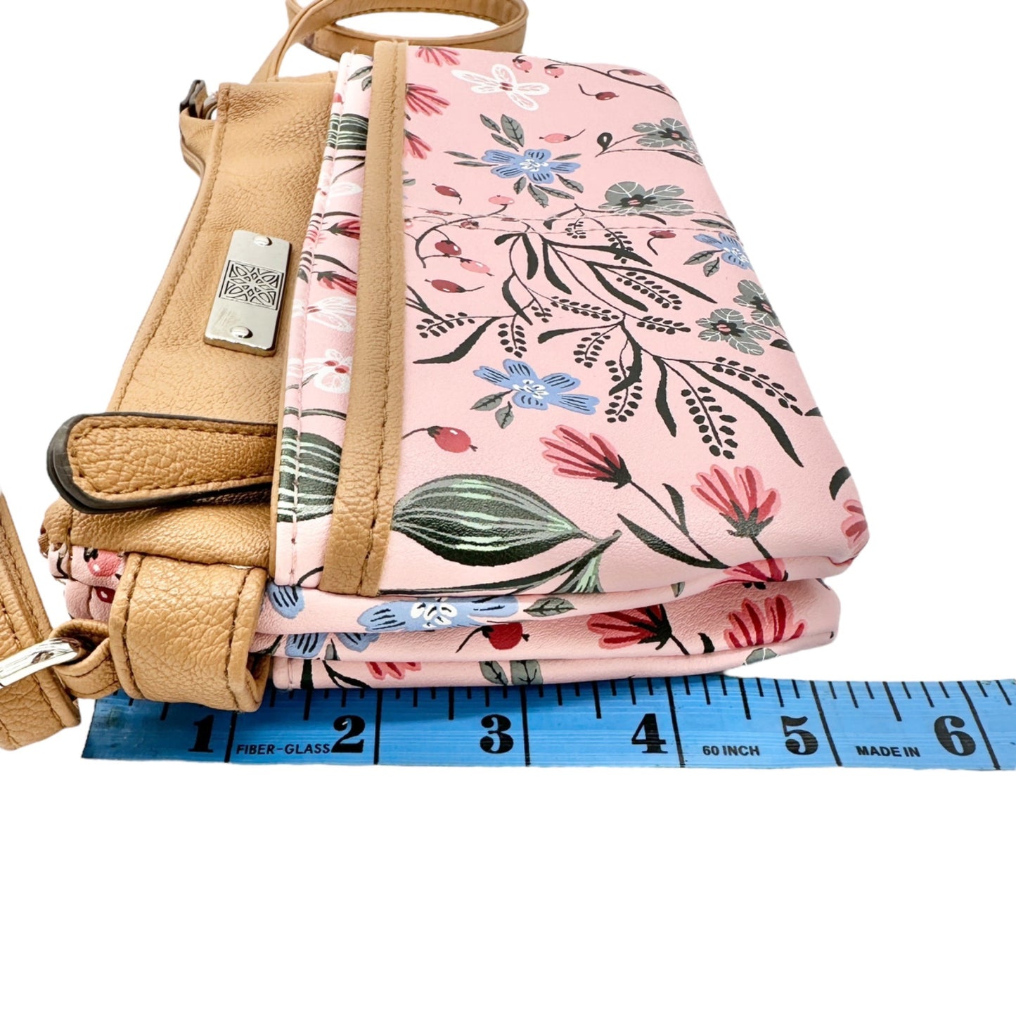 Womens Crossbody Handbag Purse Tan Pink Floral Adjustable Strap Multiple Pockets