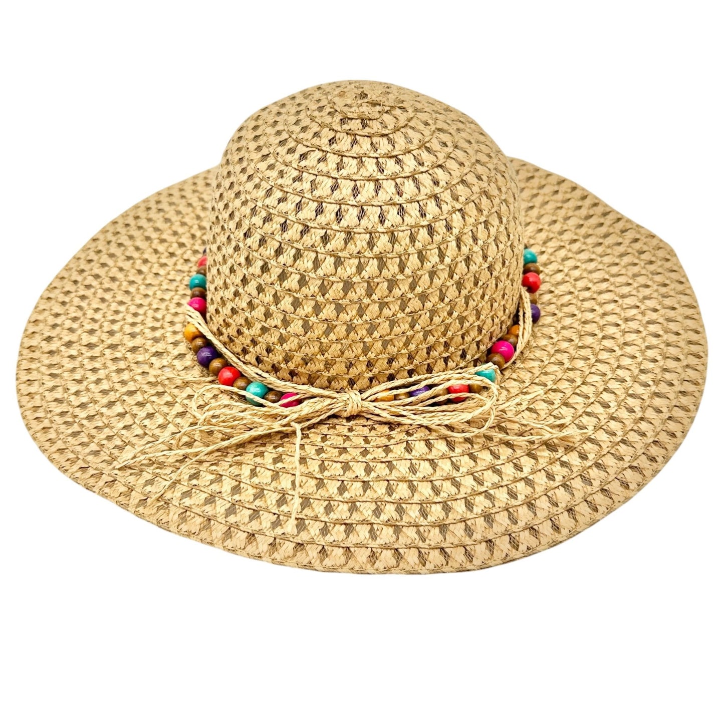 Wide Brim Straw Sun Hat With Multicolor Beaded Band One Size Lightweight Stylish