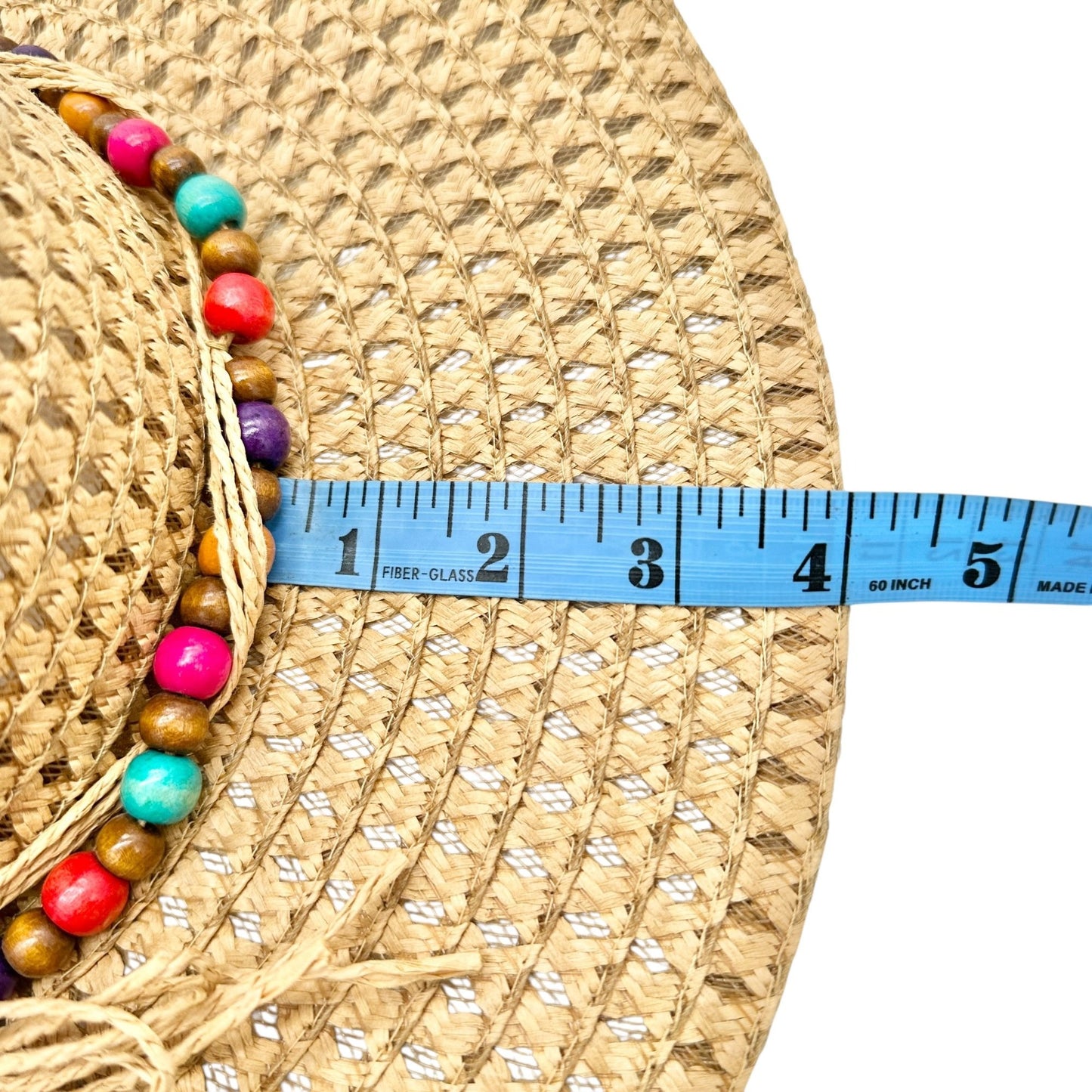 Wide Brim Straw Sun Hat With Multicolor Beaded Band One Size Lightweight Stylish