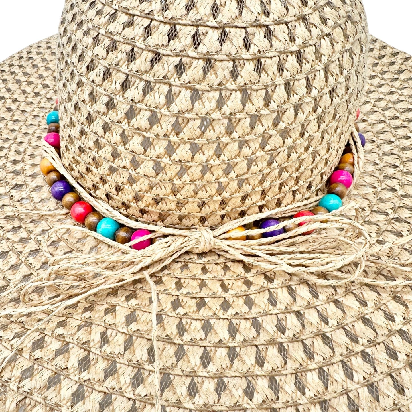 Wide Brim Straw Sun Hat With Multicolor Beaded Band One Size Lightweight Stylish