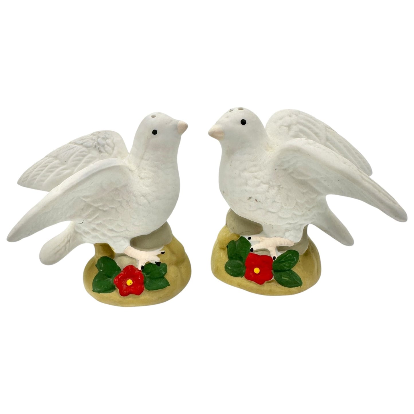 Ceramic White Doves Salt and Pepper Shakers On Floral Base 3 in Tall Vtg Decor