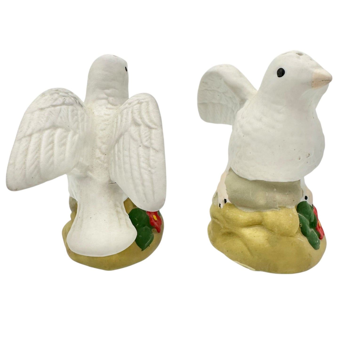 Ceramic White Doves Salt and Pepper Shakers On Floral Base 3 in Tall Vtg Decor
