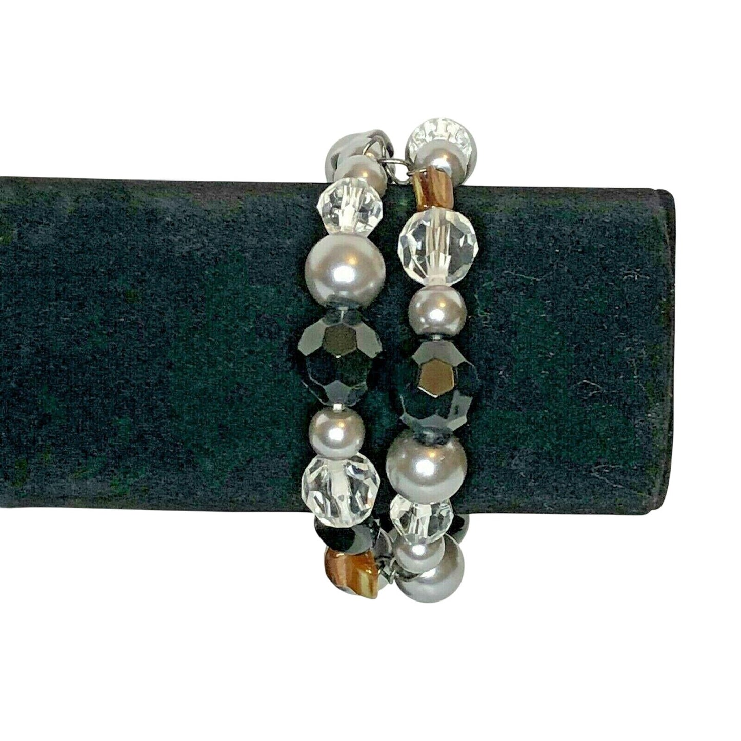 Two Strand Beaded Bauble Stretch Bracelet Black Silver Clear Beads EUC