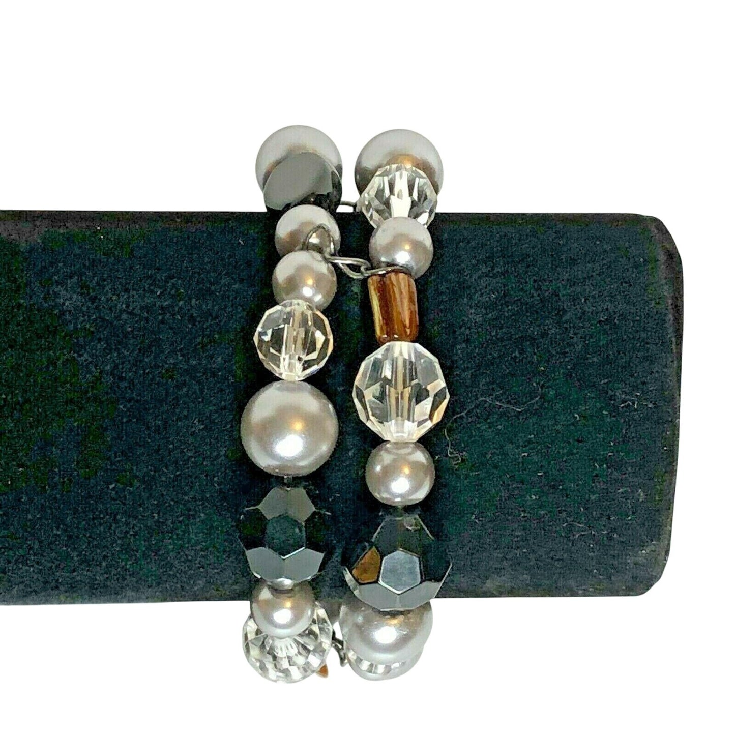 Two Strand Beaded Bauble Stretch Bracelet Black Silver Clear Beads EUC