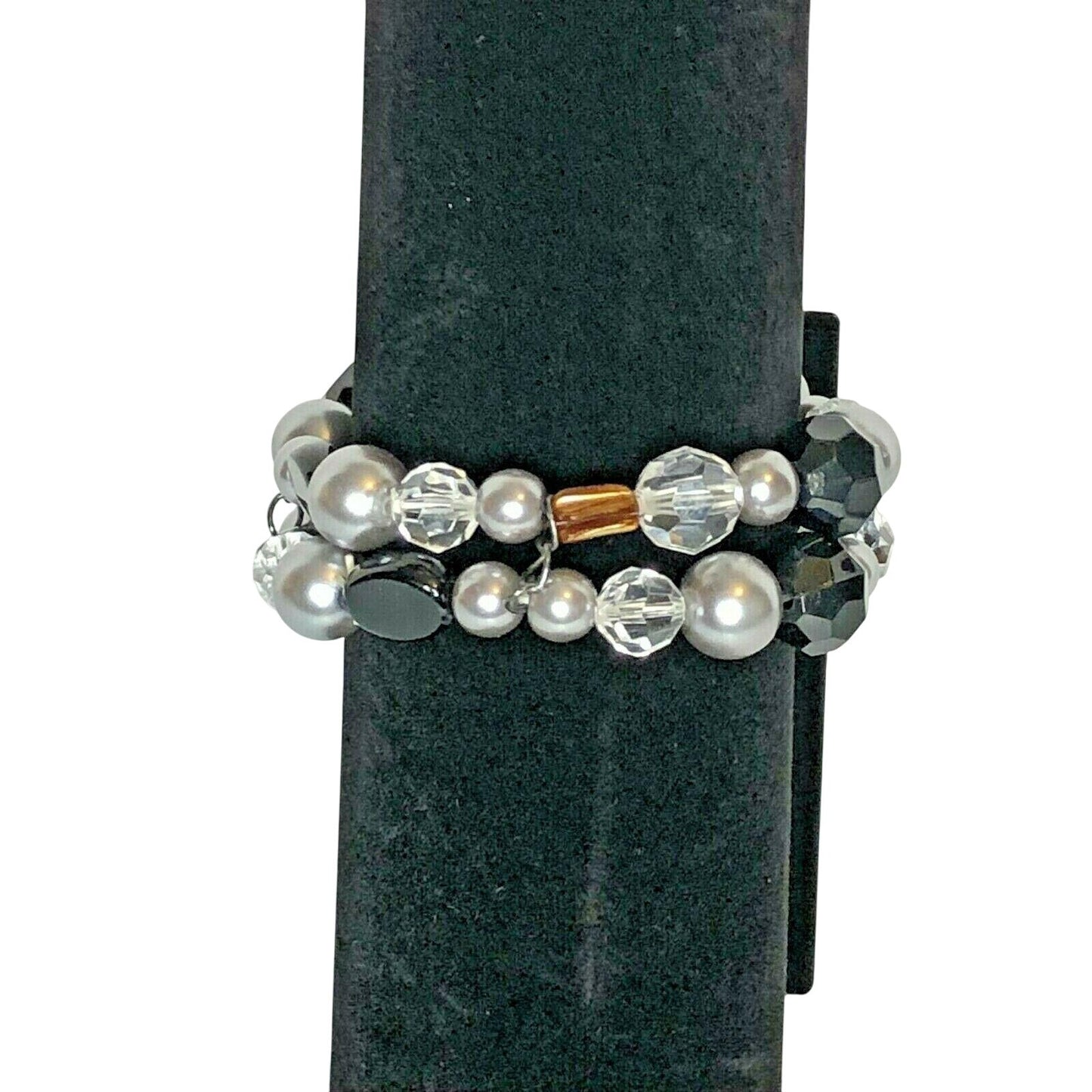 Two Strand Beaded Bauble Stretch Bracelet Black Silver Clear Beads EUC