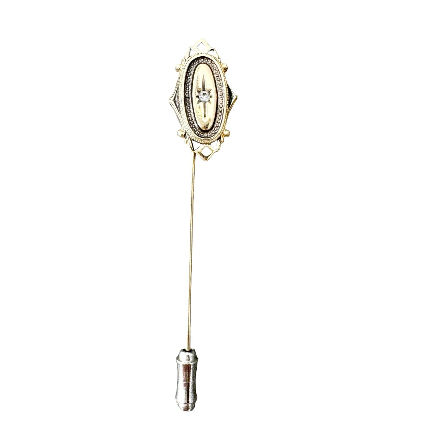 Vintage Avon Goldtone Stick Pin Rhinestone Accent Ornate Design 3 Inch Accessory