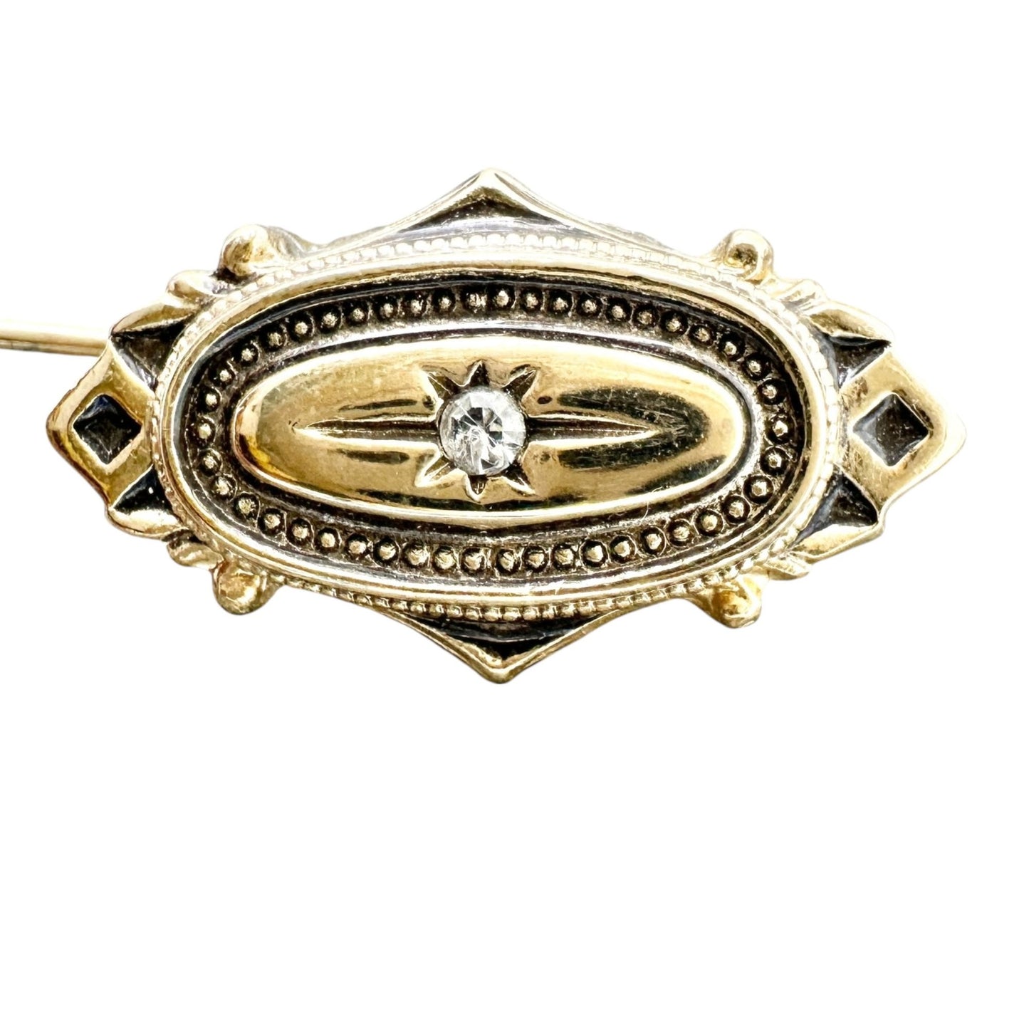 Vintage Avon Goldtone Stick Pin Rhinestone Accent Ornate Design 3 Inch Accessory