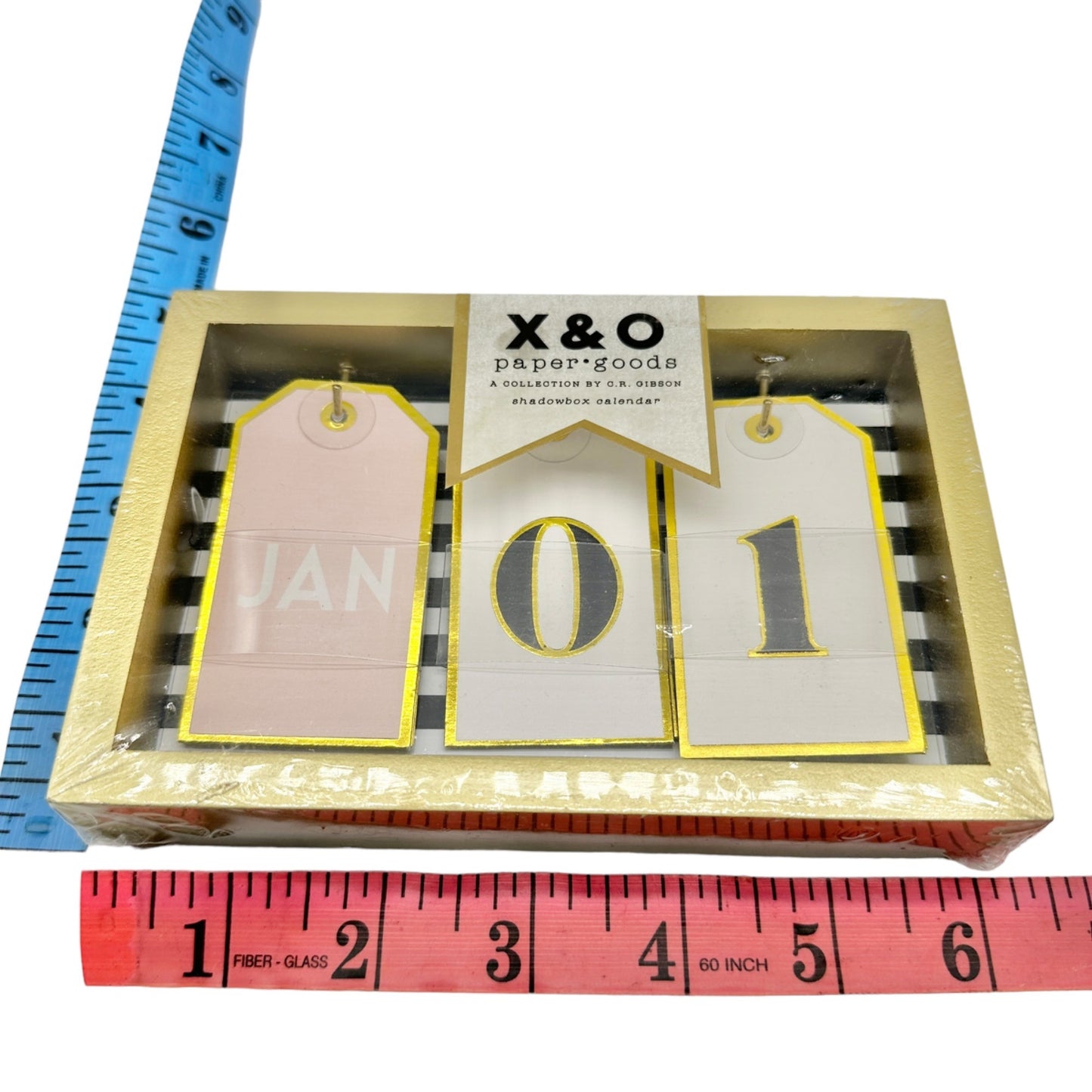 X&O Paper Goods Shadowbox Calendar 6x4.25x1 Gold Frame Manually Change Date NIP
