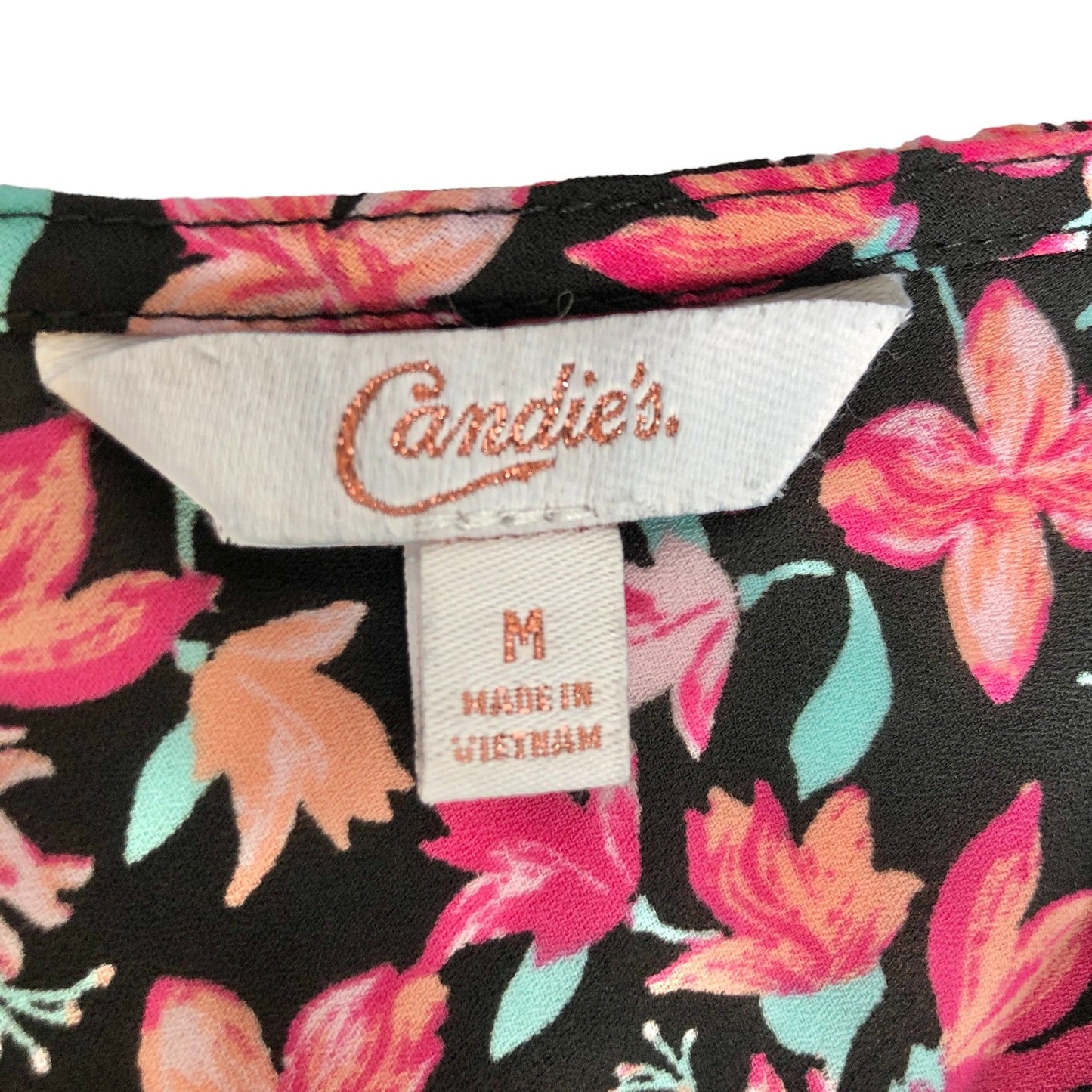 Candie's Cutout Tank Top Women's M Floral Print Sleeveless V-Neck Black Pink