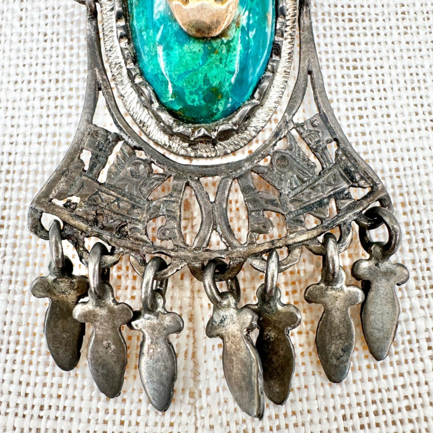 Vintage Sterling Silver 925 Necklace With Tribal Gold Mask Dangling Charms