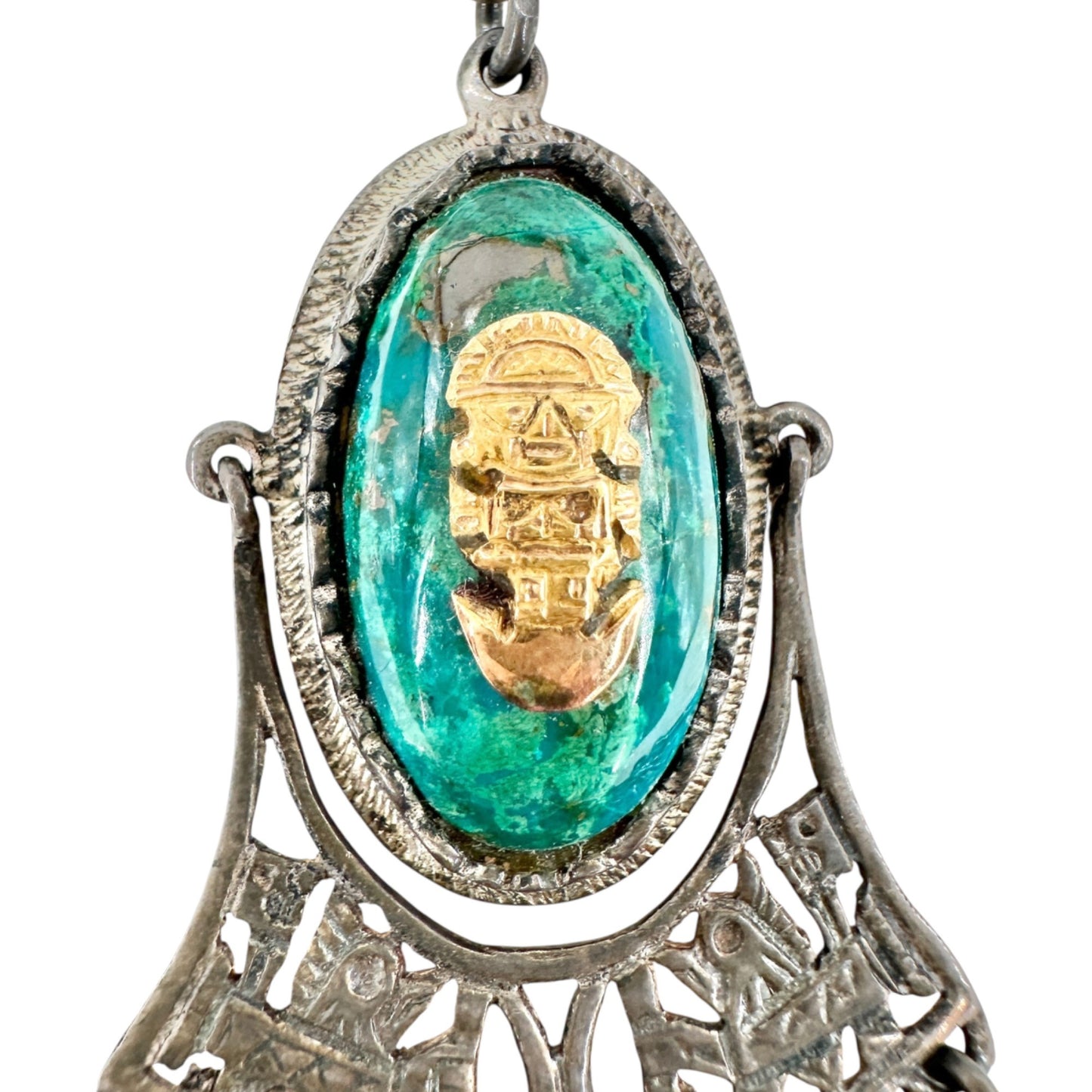Vintage Sterling Silver 925 Necklace With Tribal Gold Mask Dangling Charms
