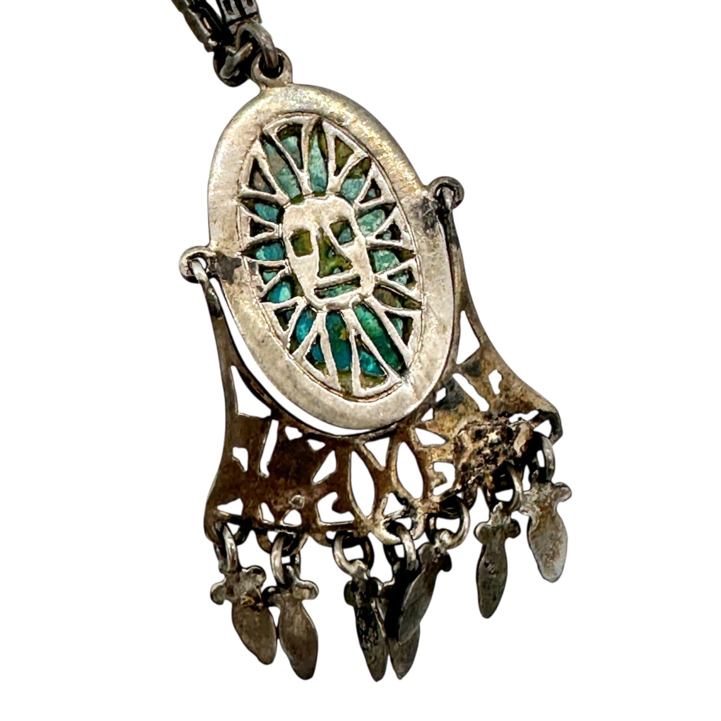 Vintage Sterling Silver 925 Necklace With Tribal Gold Mask Dangling Charms