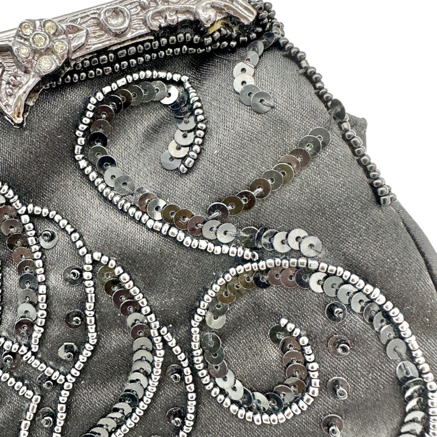 Elegant Evening Clutch Black Sequined and Beaded Silvertone Hardware EUC