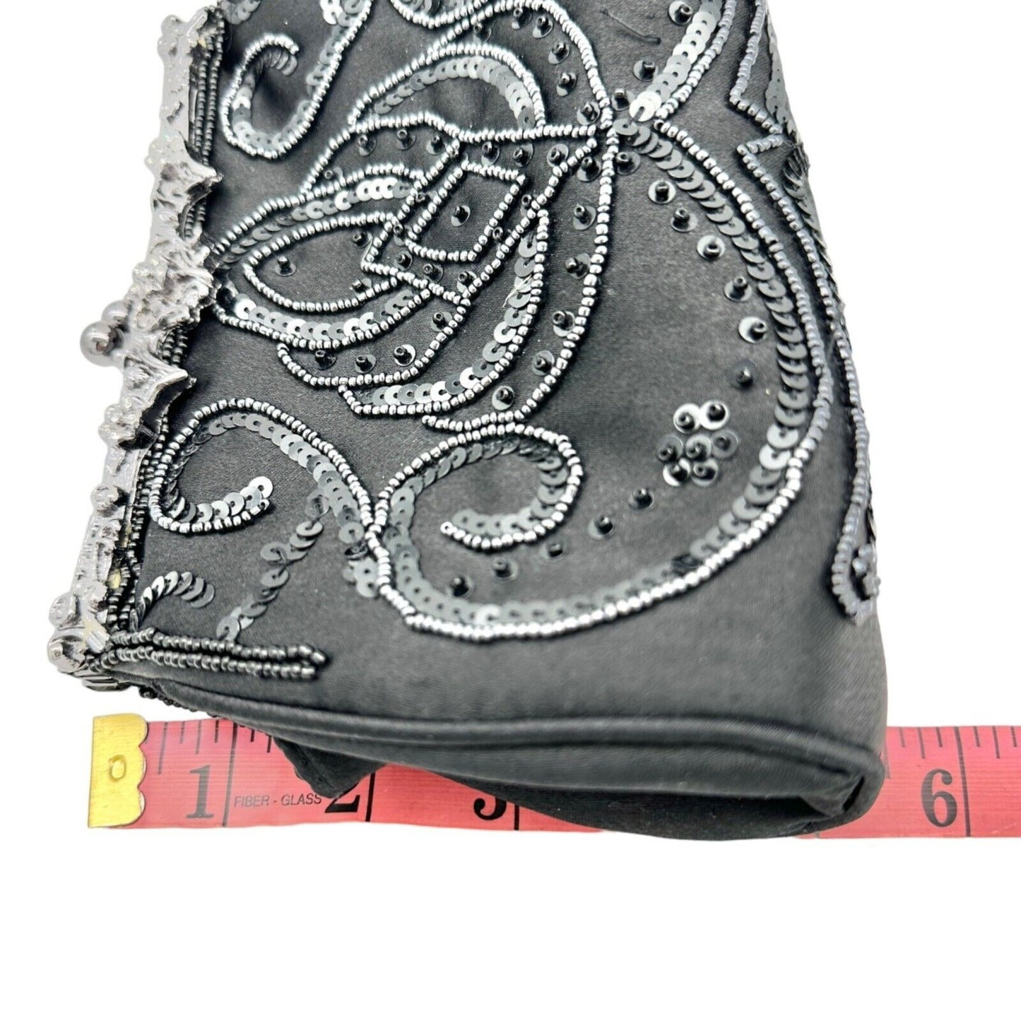 Elegant Evening Clutch Black Sequined and Beaded Silvertone Hardware EUC