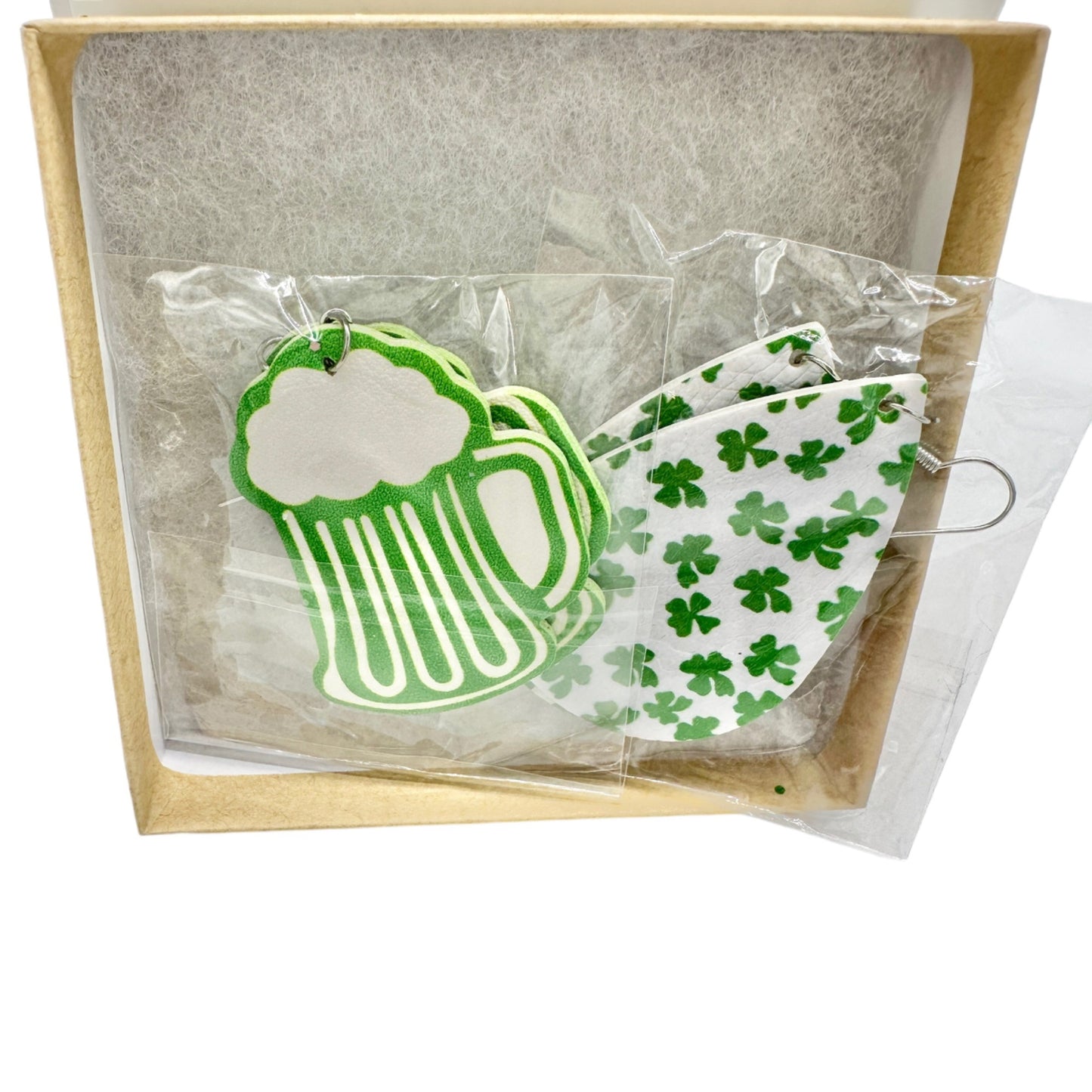 Two Pairs of St. Patrick's Day Earrings 1 Beer Mug 1 Teardrop Green White NEW