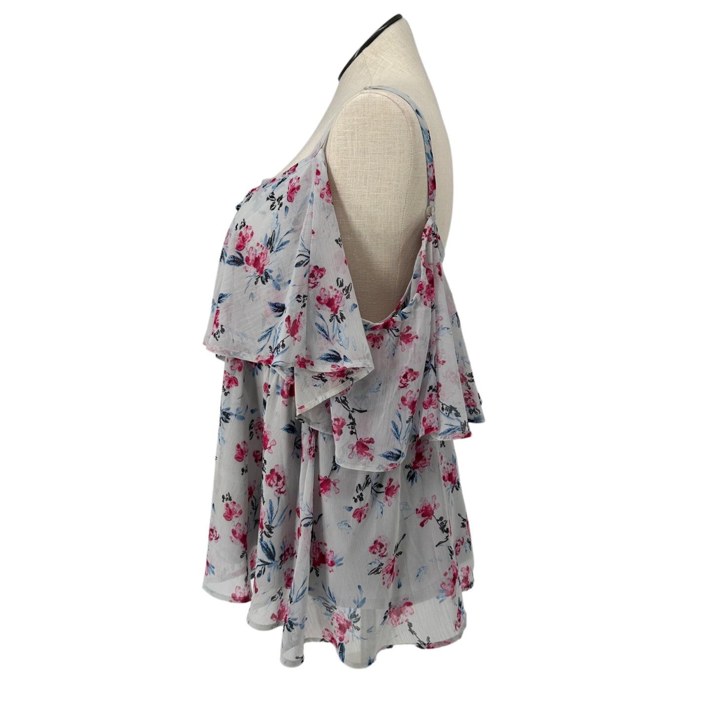Torrid Top Womens 3X Sleeveless Layered Blouse Floral Print Pink Blue on White