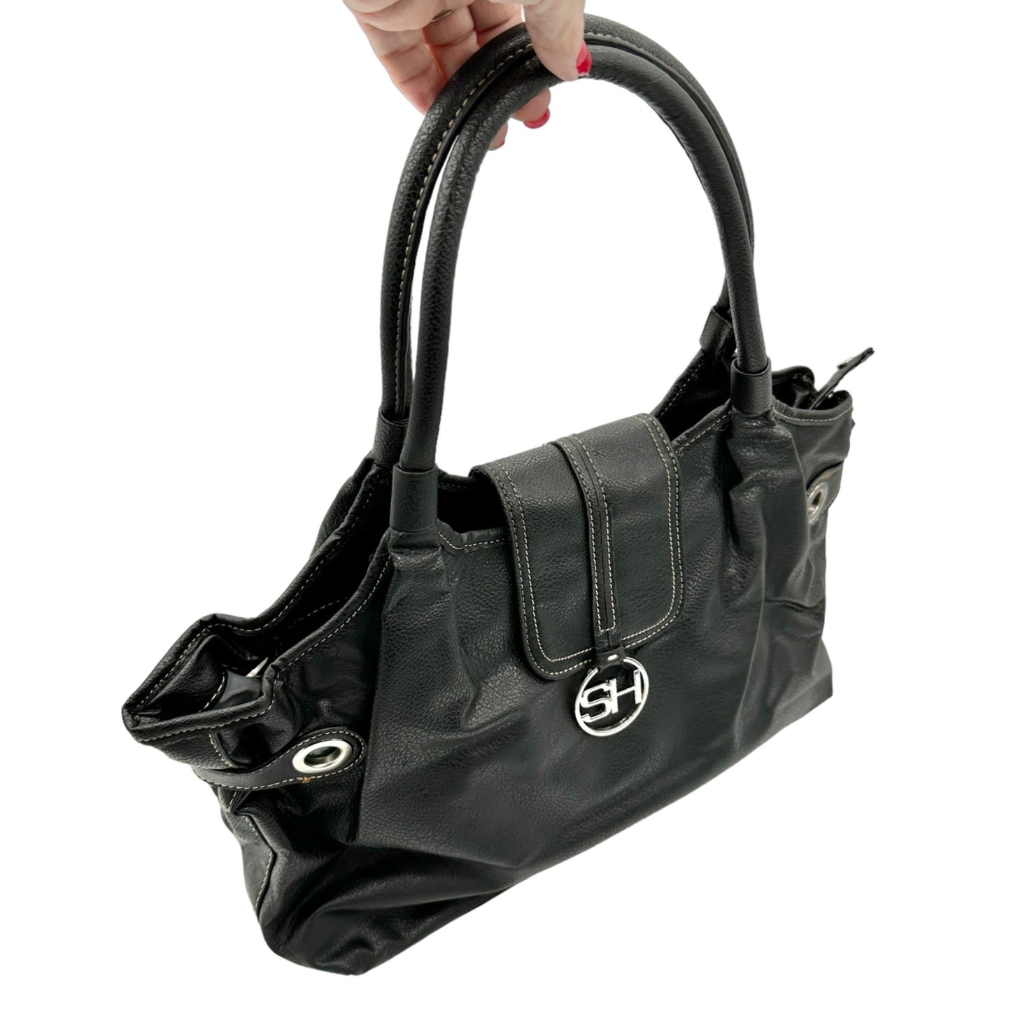 Sag Harbor Handbag Black Faux Leather Double Handles Silver Hardware