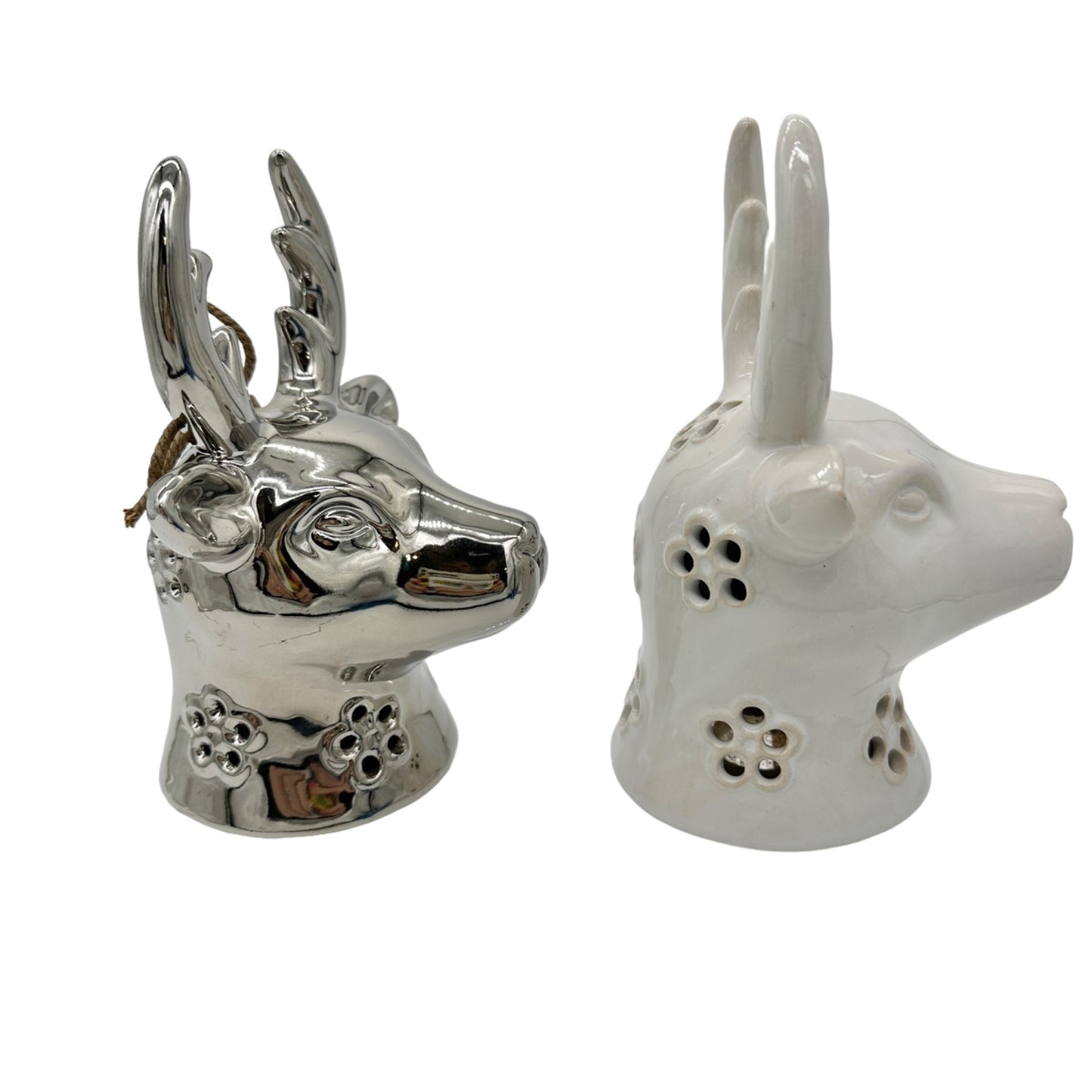 Set of 2 Reindeer Heads 1 Silver 1 White Ceramic 6in Tall x 3in Wide