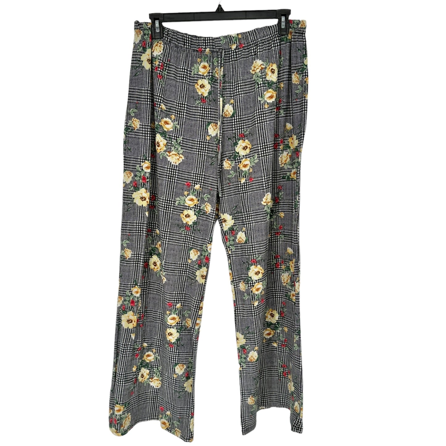 Try This Pants Womens 3X Black White with Yellow Red Flowers Elastic Waist Front