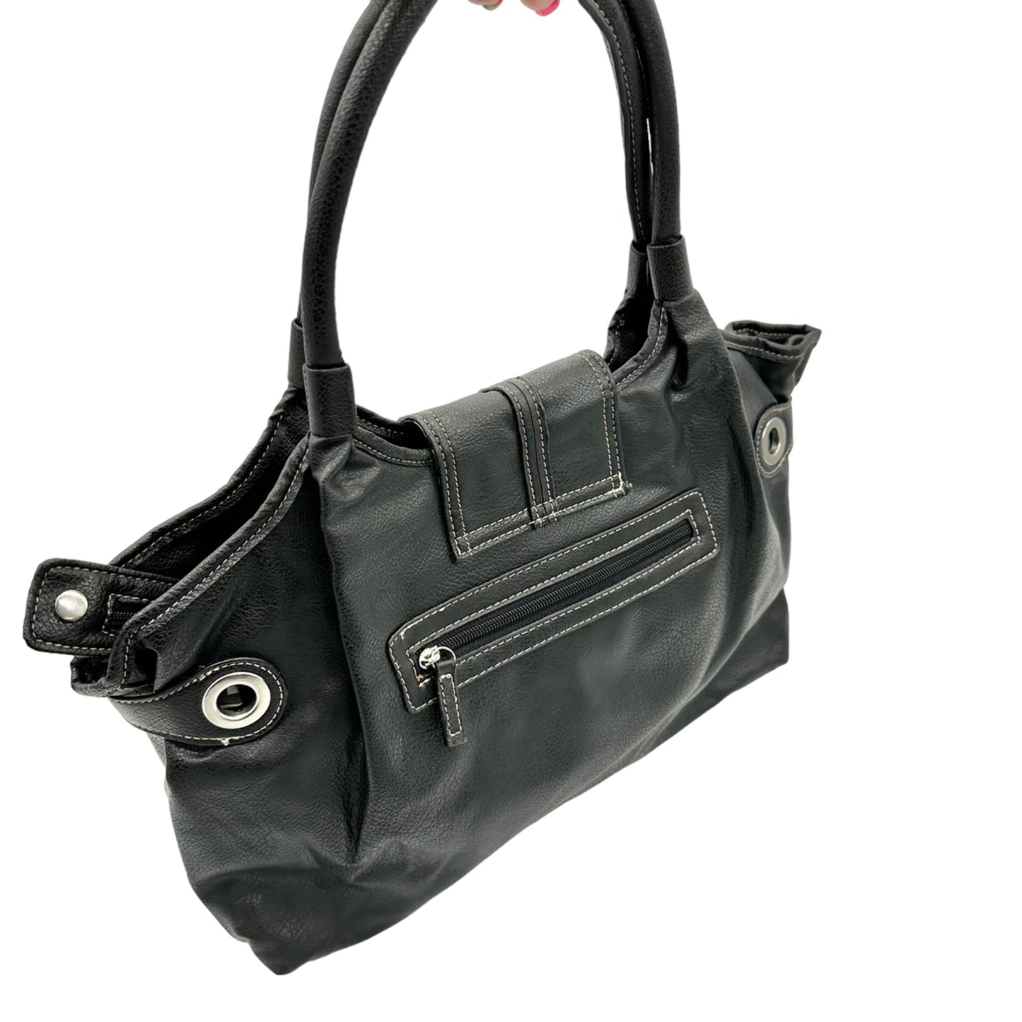 Sag Harbor Handbag Black Faux Leather Double Handles Silver Hardware