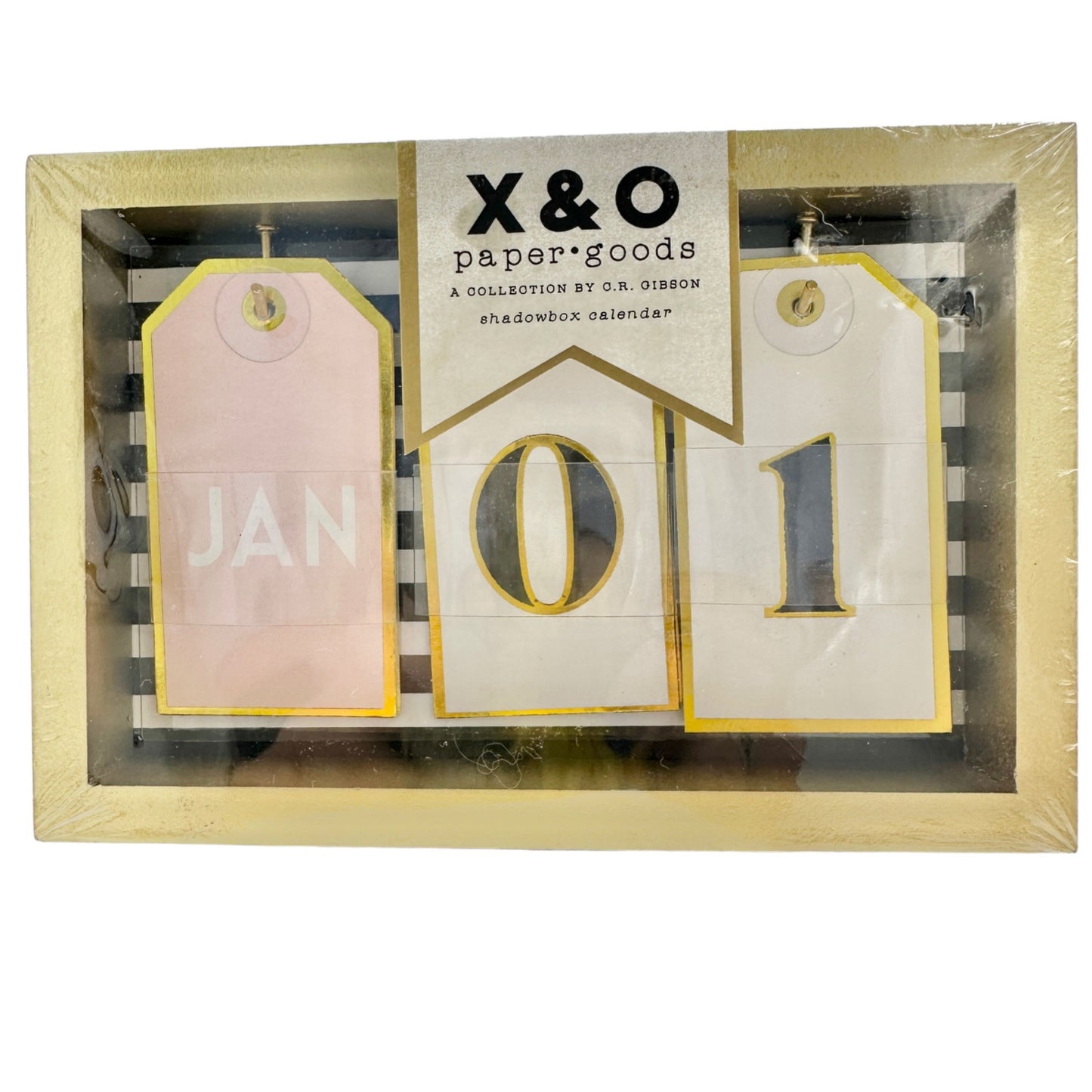 X&O Paper Goods Shadowbox Calendar 6x4.25x1 Gold Frame Manually Change Date NIP