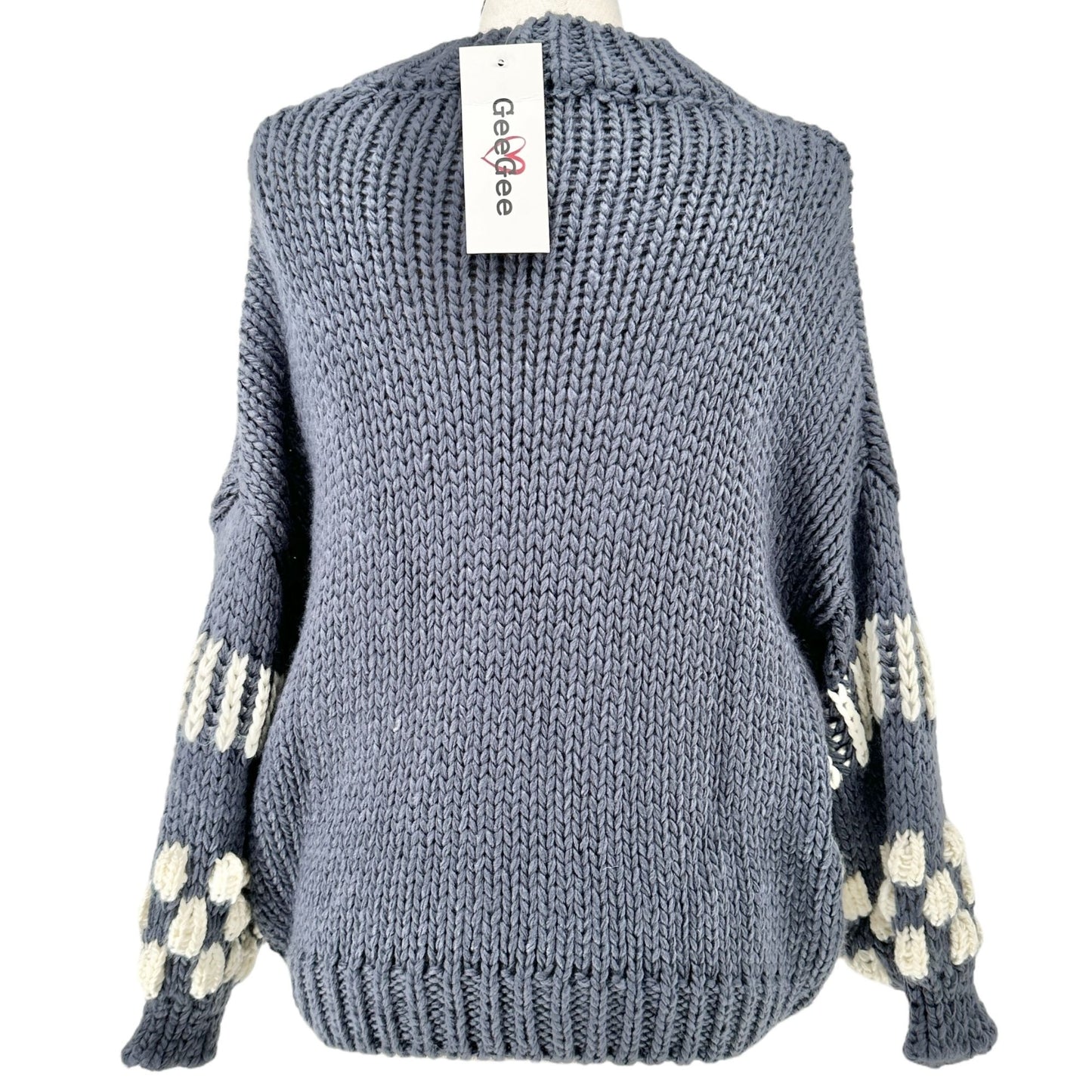 GeeGee Sweater Womens M Oversized Pullover Acrylic Slate Blue and White Knit