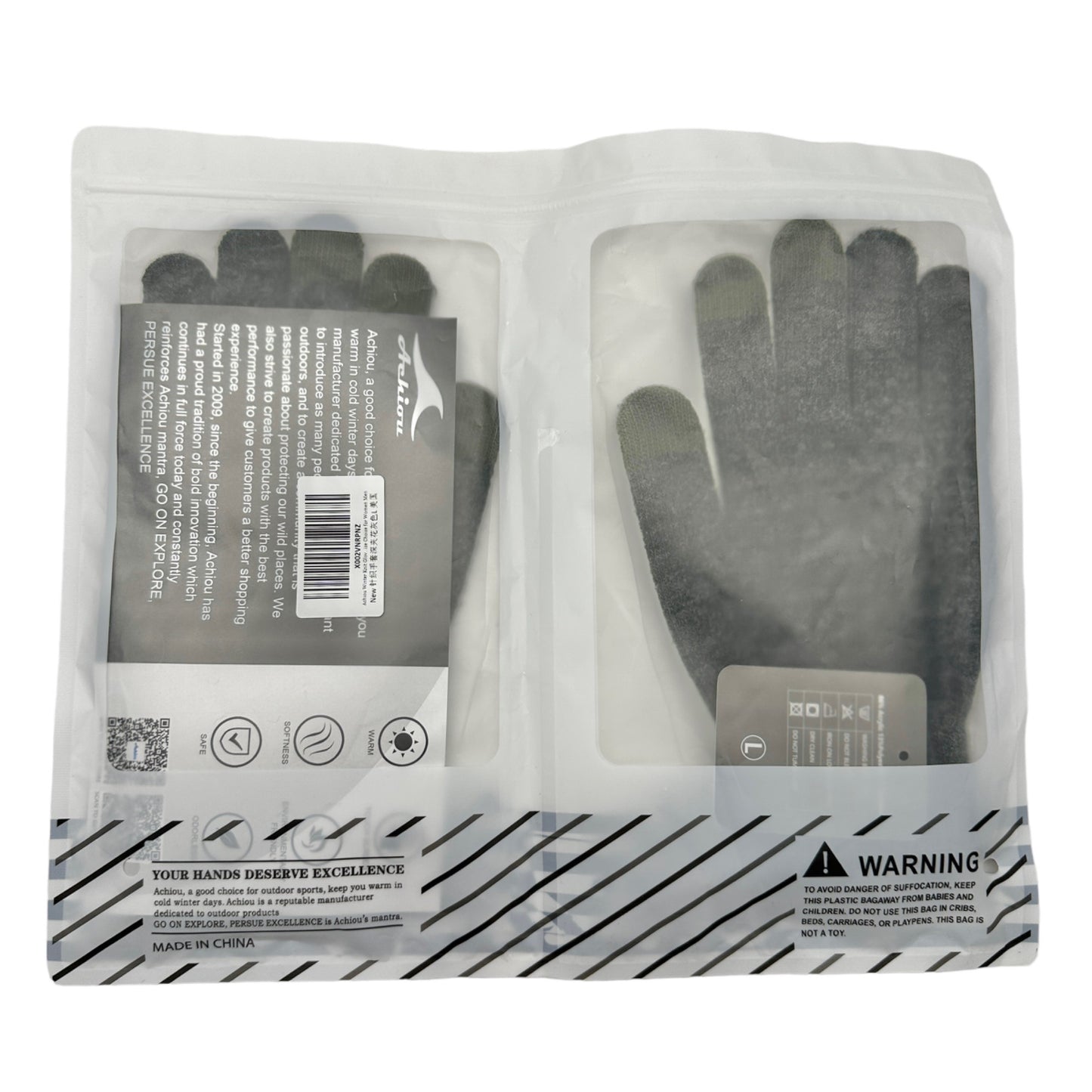 Achiou Winter Knit Gloves Gray Womens Mens Touchscreen Fingertips Grip Palm NIP