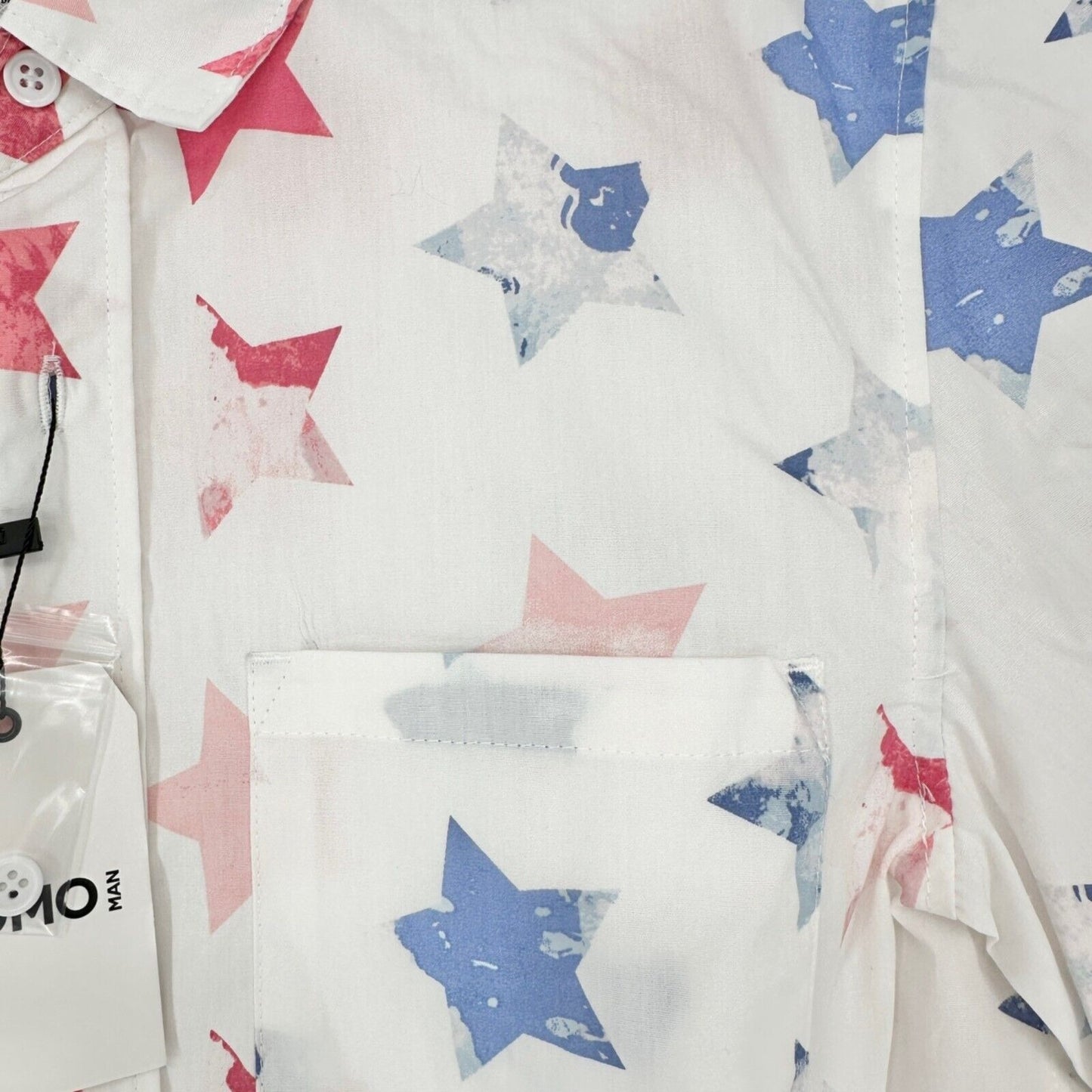 Como Man Shirt Small White Red Blue Stars Button Up Short Sleeve NWT