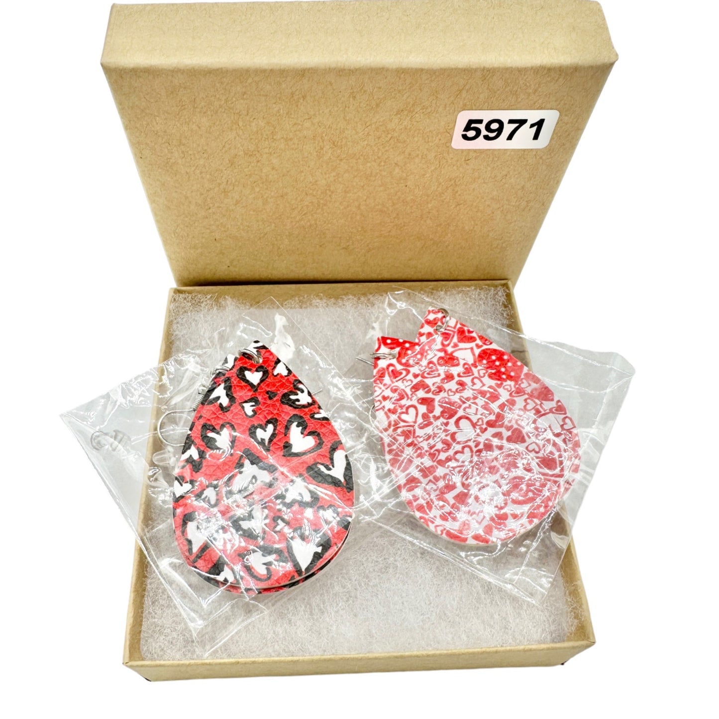 Two Pairs Valentines Earrings Hearts Teardrop Red White Black Faux Leather NEW