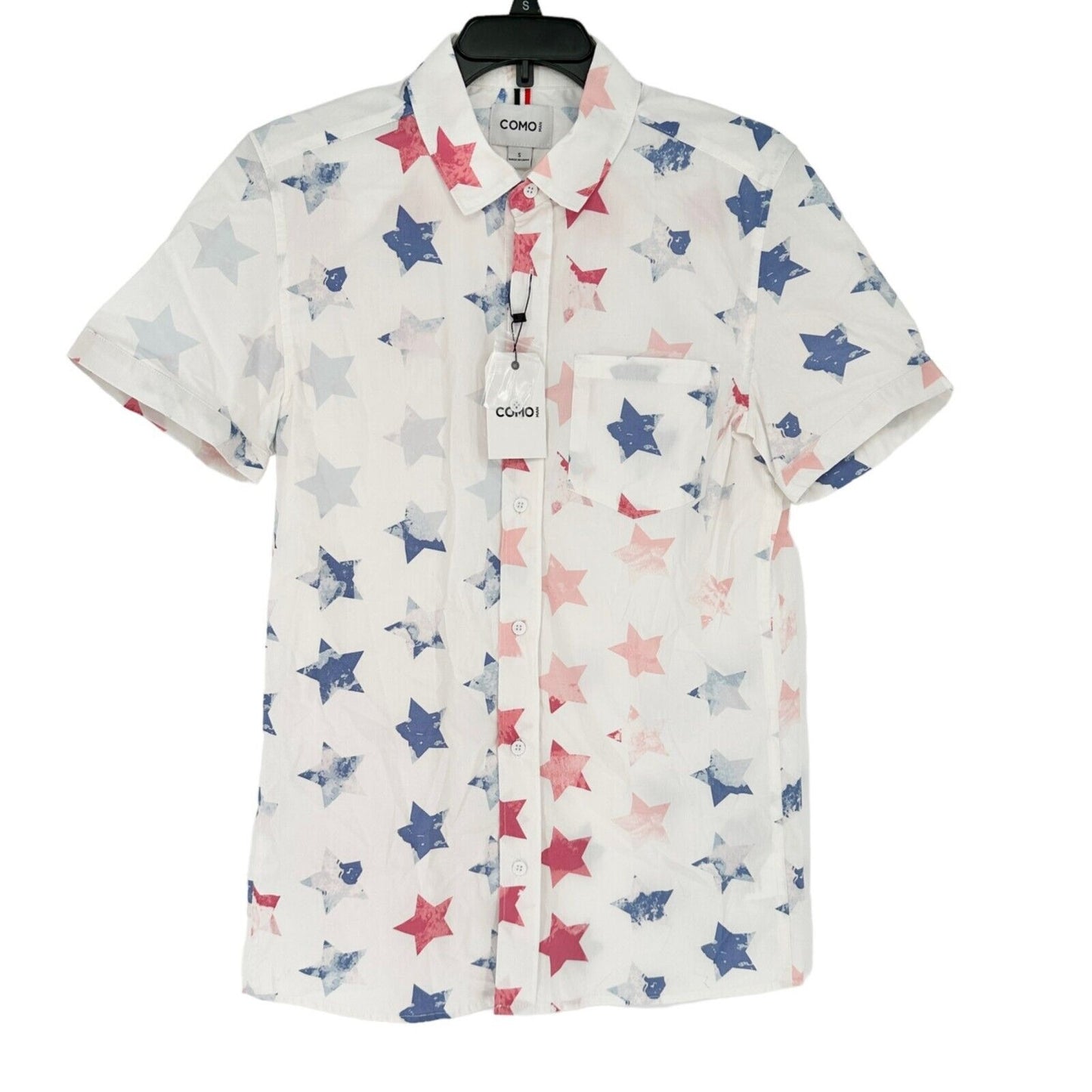 Como Man Shirt Small White Red Blue Stars Button Up Short Sleeve NWT