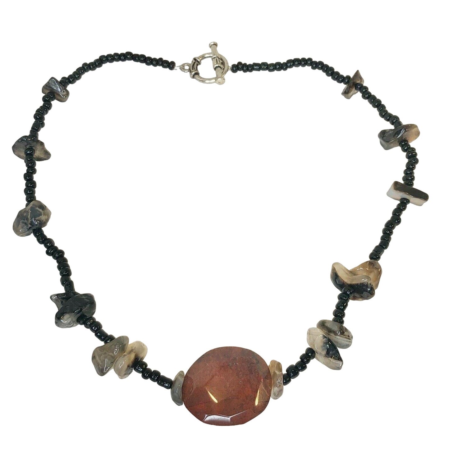Handcrafted Beaded Necklace Brick Red & Gray Glass Stones Black Beads NEW