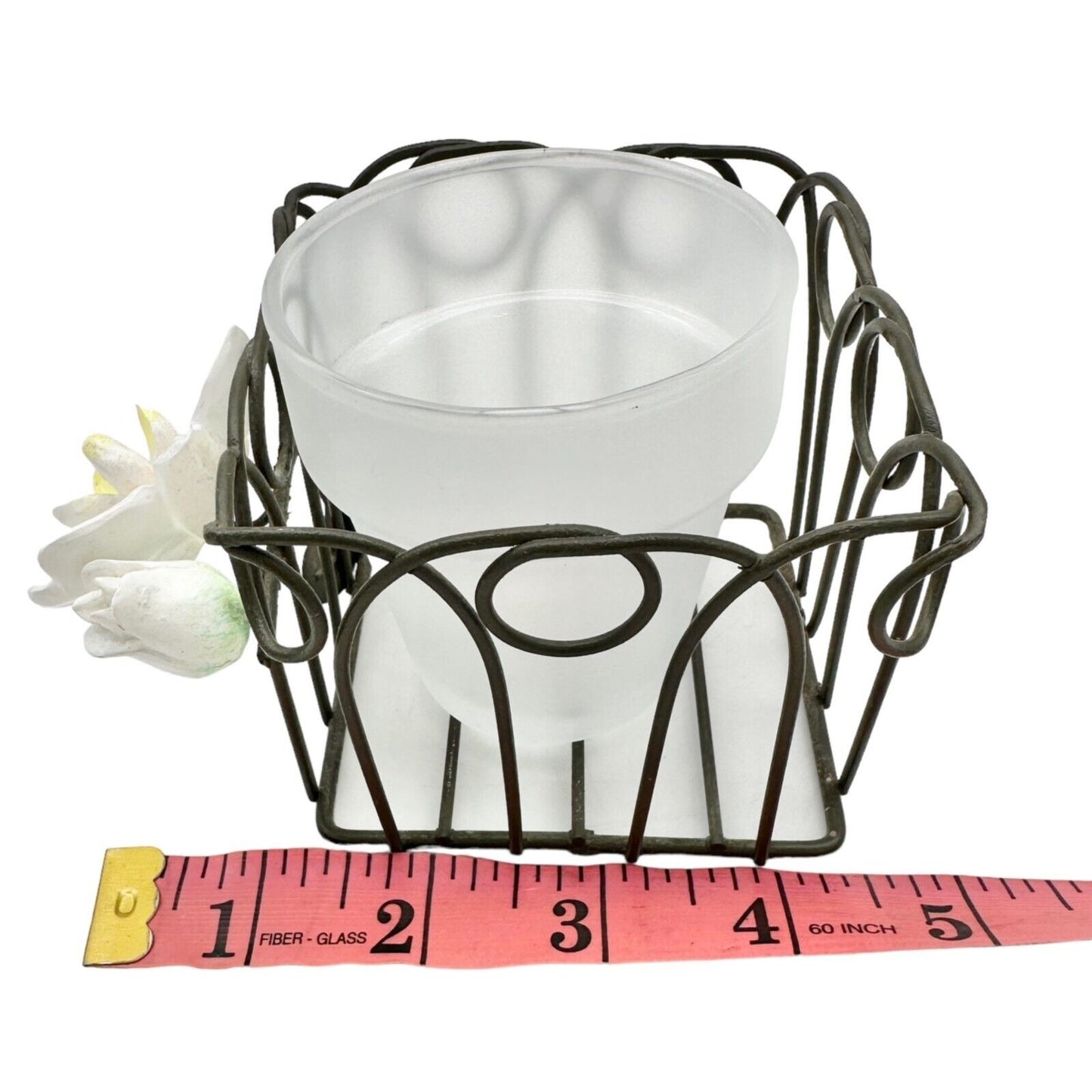 Votive Candle Holder Wire Glass 4.5 x 3 x 3 3D Flowers Attached