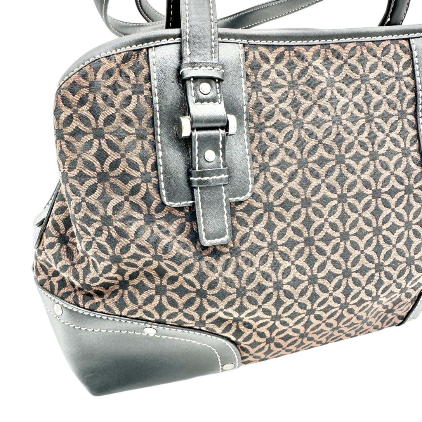 Relic Brown Geometric Pattern Handbag Black Faux Leather Trim Double Handles