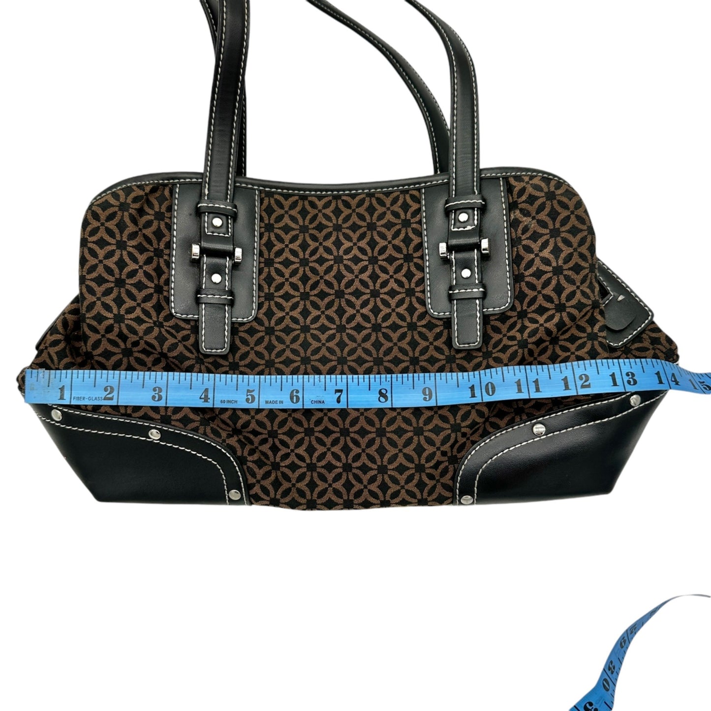 Relic Brown Geometric Pattern Handbag Black Faux Leather Trim Double Handles