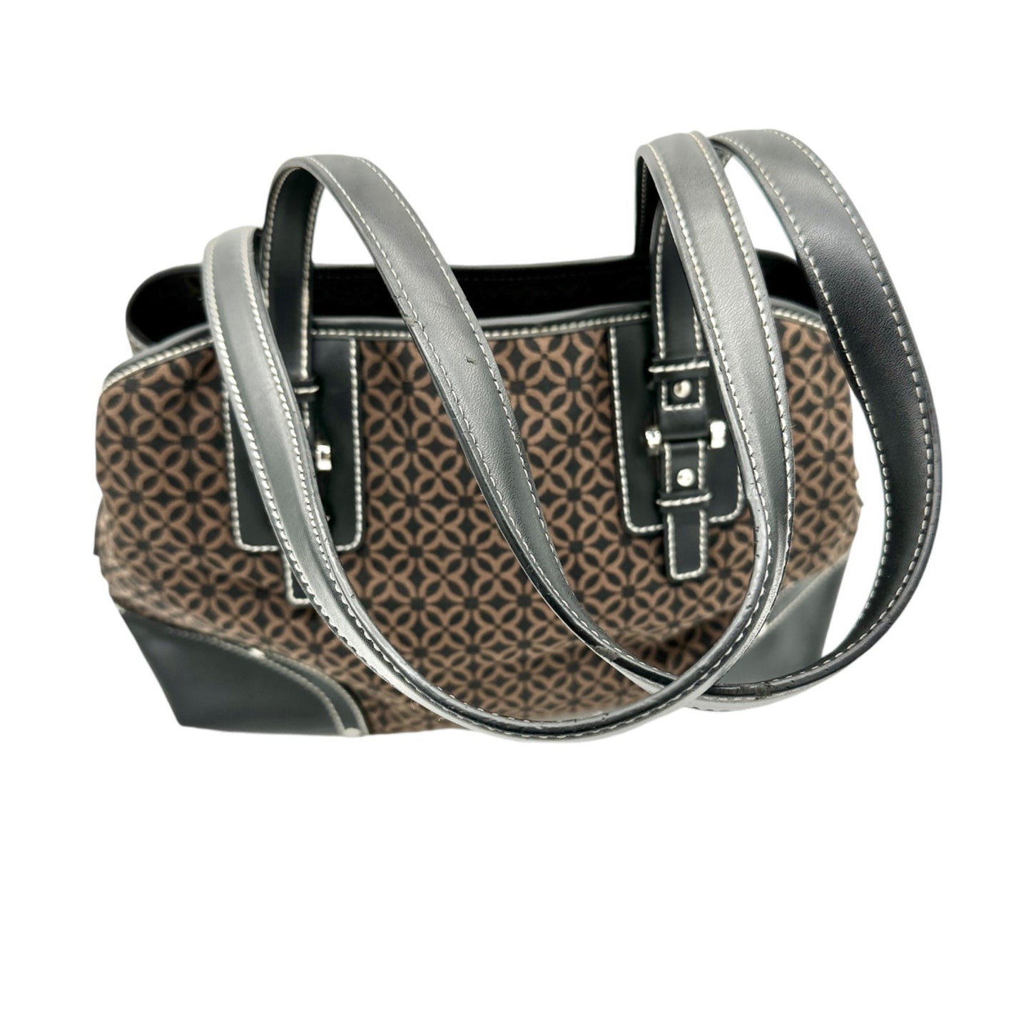 Relic Brown Geometric Pattern Handbag Black Faux Leather Trim Double Handles