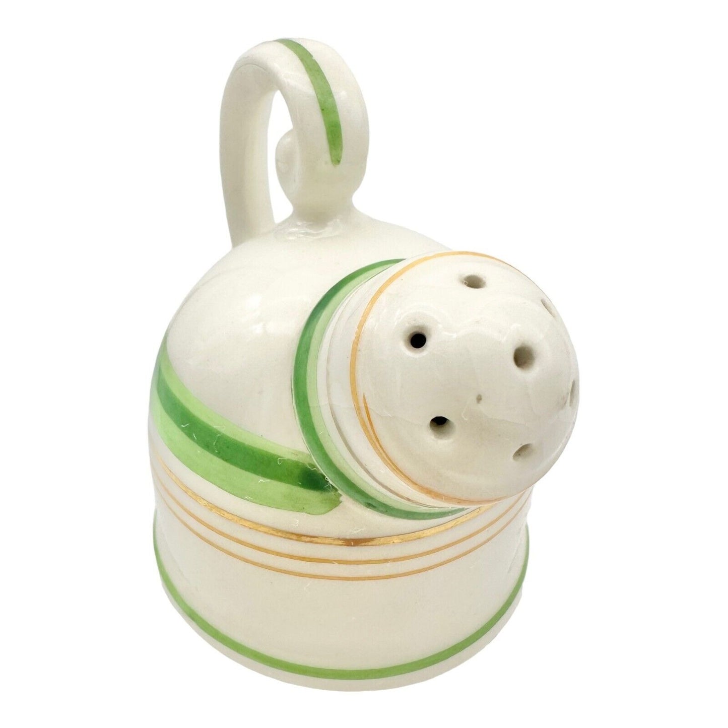Vintage 3pc Salt & Pepper Shakers & Tray White Ceramic Green & Gold Lines Japan
