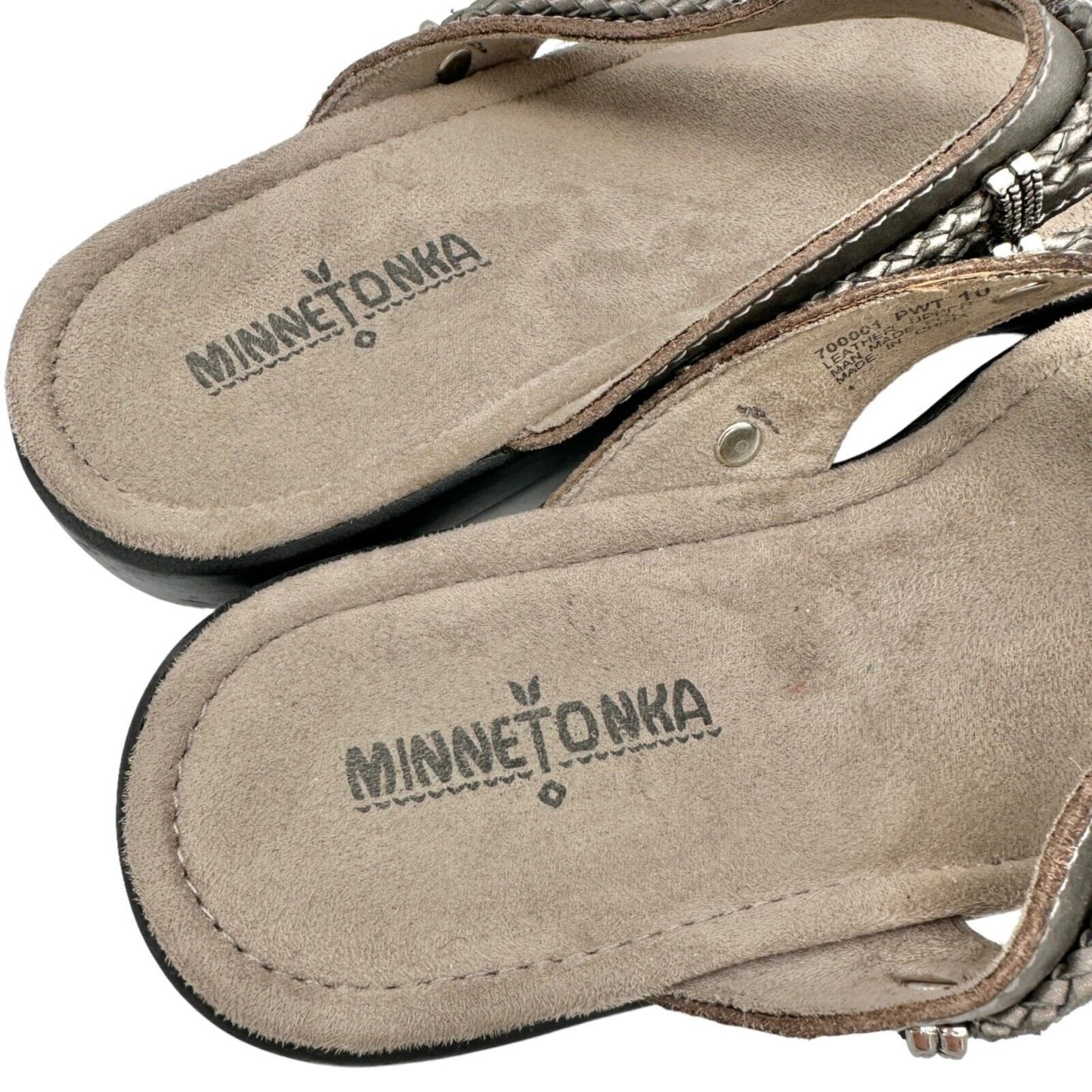 Minnetonka Sandals Women's 10 Pewter Leather Upper with Silver Accents